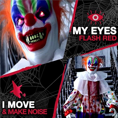 Miniatura 8 de Haunted Hill Farm Payaso parlante animatrónico de tamaño real con luces y sonidos activados por movimiento y tacto, funciona con pilas, decoración