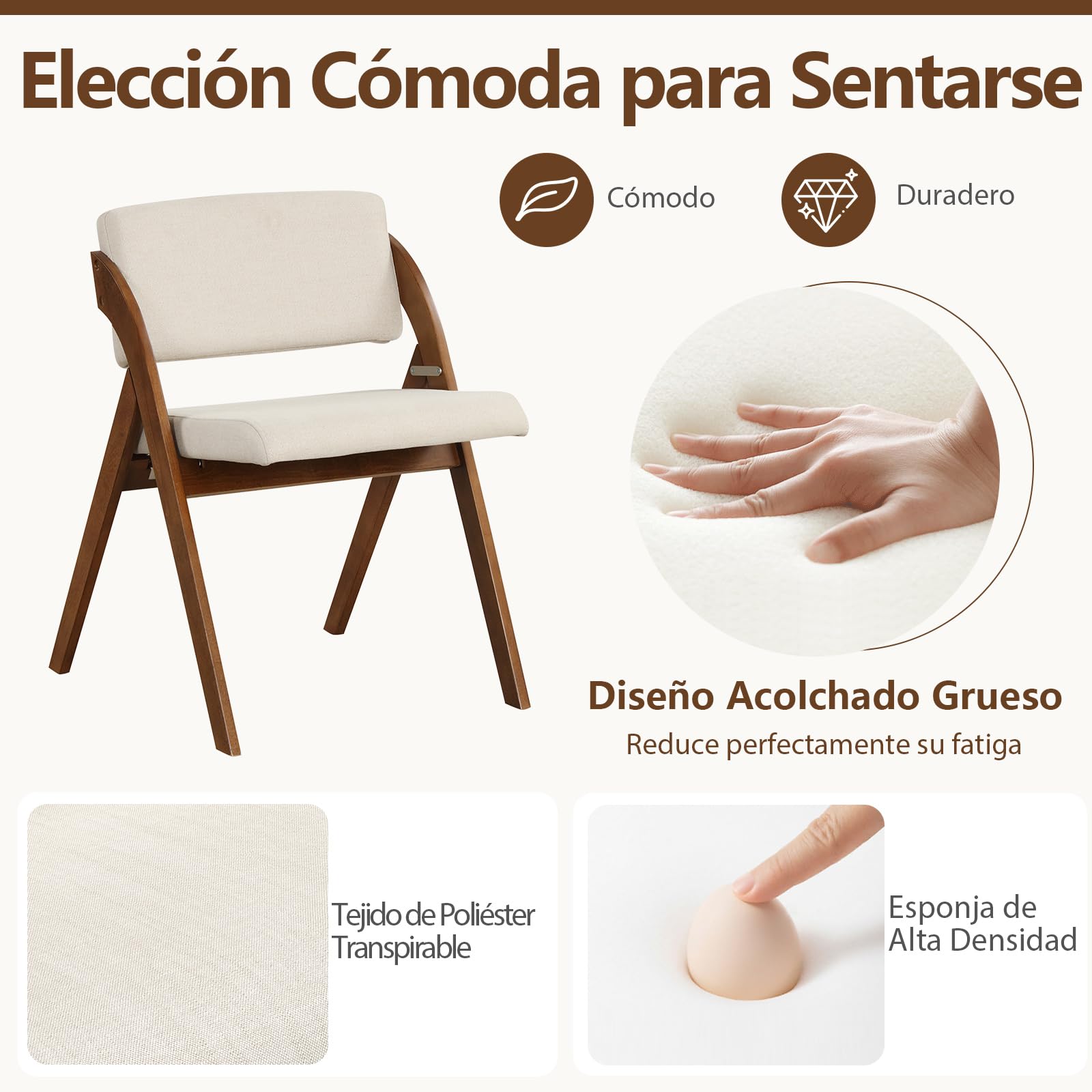 COSTWAY Juego de 2 Sillas de Comedor, Silla Plegable con Patas de Madera de Caucho, Asiento y Respaldo Acolchados, Silla de Cocina Portátil para Oficina y Cocina, 53 x 56 x 76 cm (Nogal y Beige)