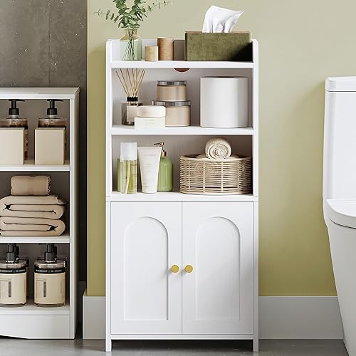 Small Bathroom Storage Cabinet, Bathroom Organizers and Storage with 2 Doors and Shelves, Floor Cabinet Freestanding with Adjustable Shelf for Small Spaces, White 7.9" D x 14.6" W x 29.5" H