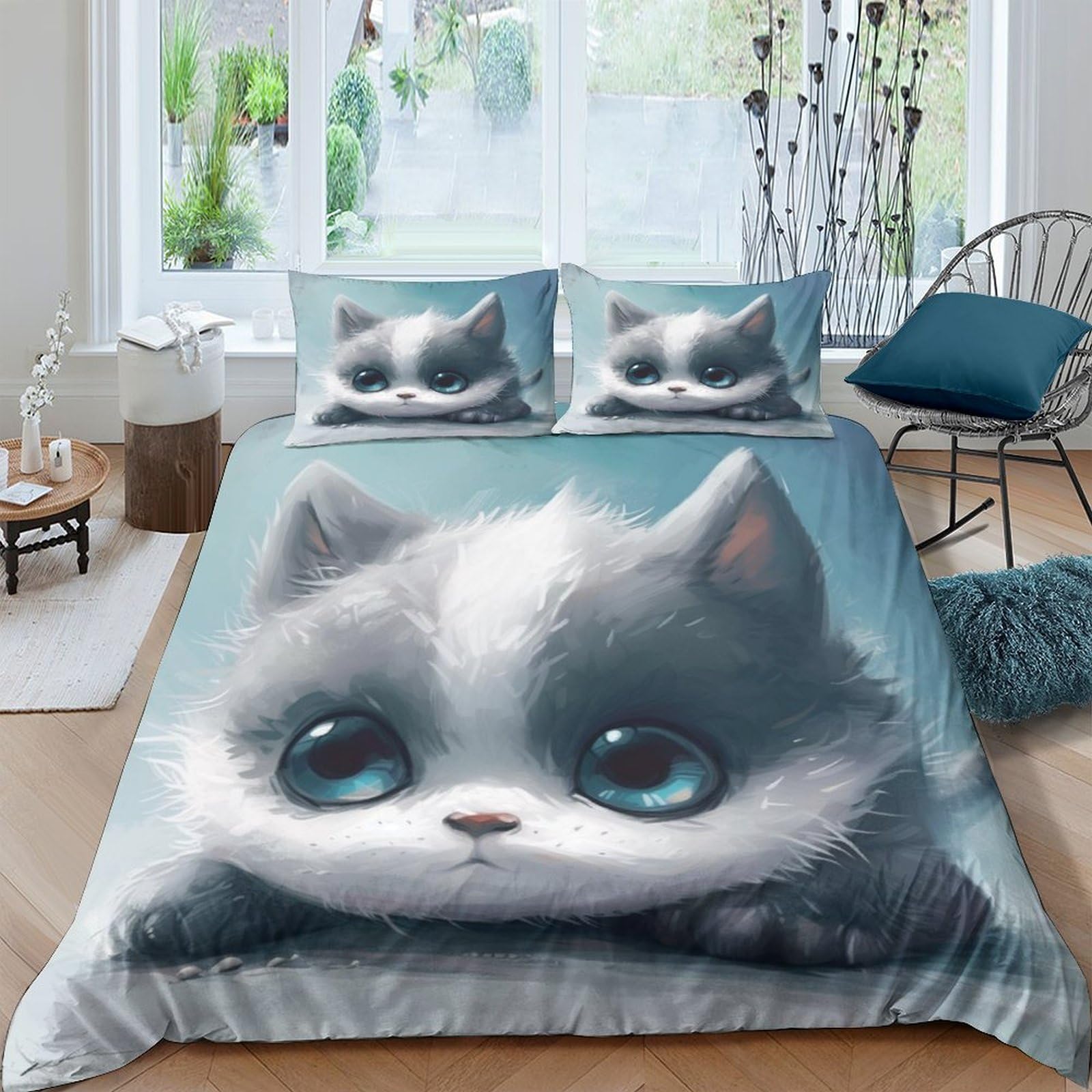 Parure de lit chat mignon : housse de couette 200x200cm et taies en microfibre pour enfant