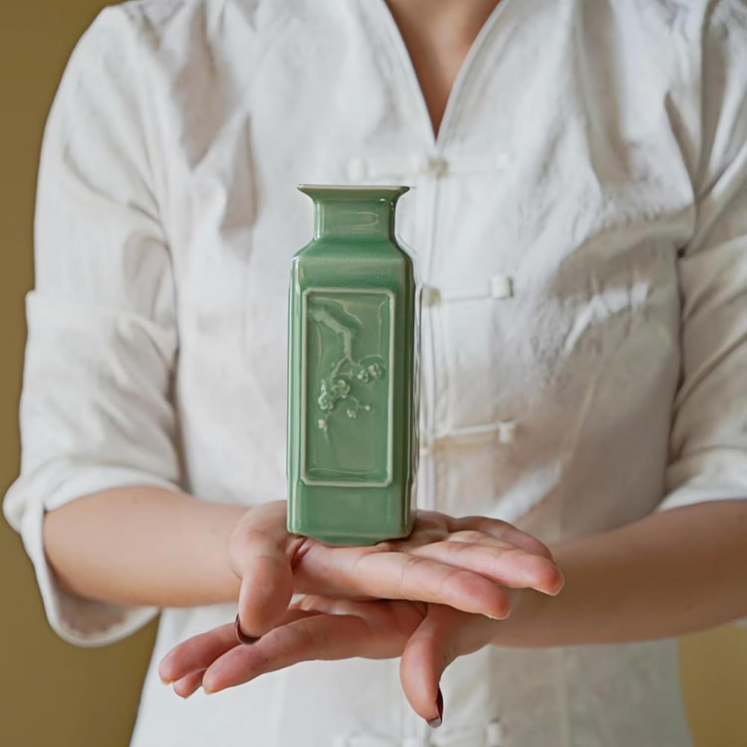 Hand-Signed Square Bud Vase - Four Gentlemen Relief Longquan Celadon - 5.5" Tall Sage Green Ceramic Flower Vase with Premium Gift Box (Artisan Crafted)