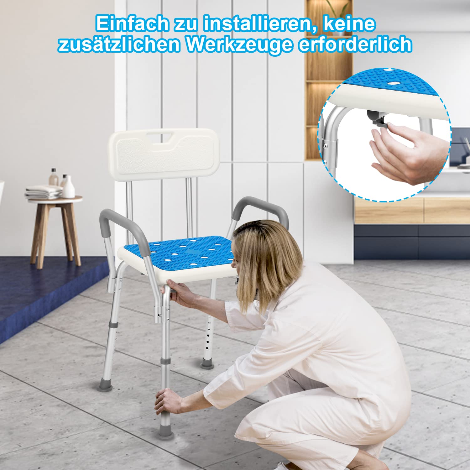 M1-GGP8887c taboret prysznicowy z podłokietnikami, oparcie, antypoślizgowe siedzisko łazienkowe i poduszka do siedzenia, taboret kąpielowy z regulacją wysokości 41-53,5 cm, krzesło prysznicowe