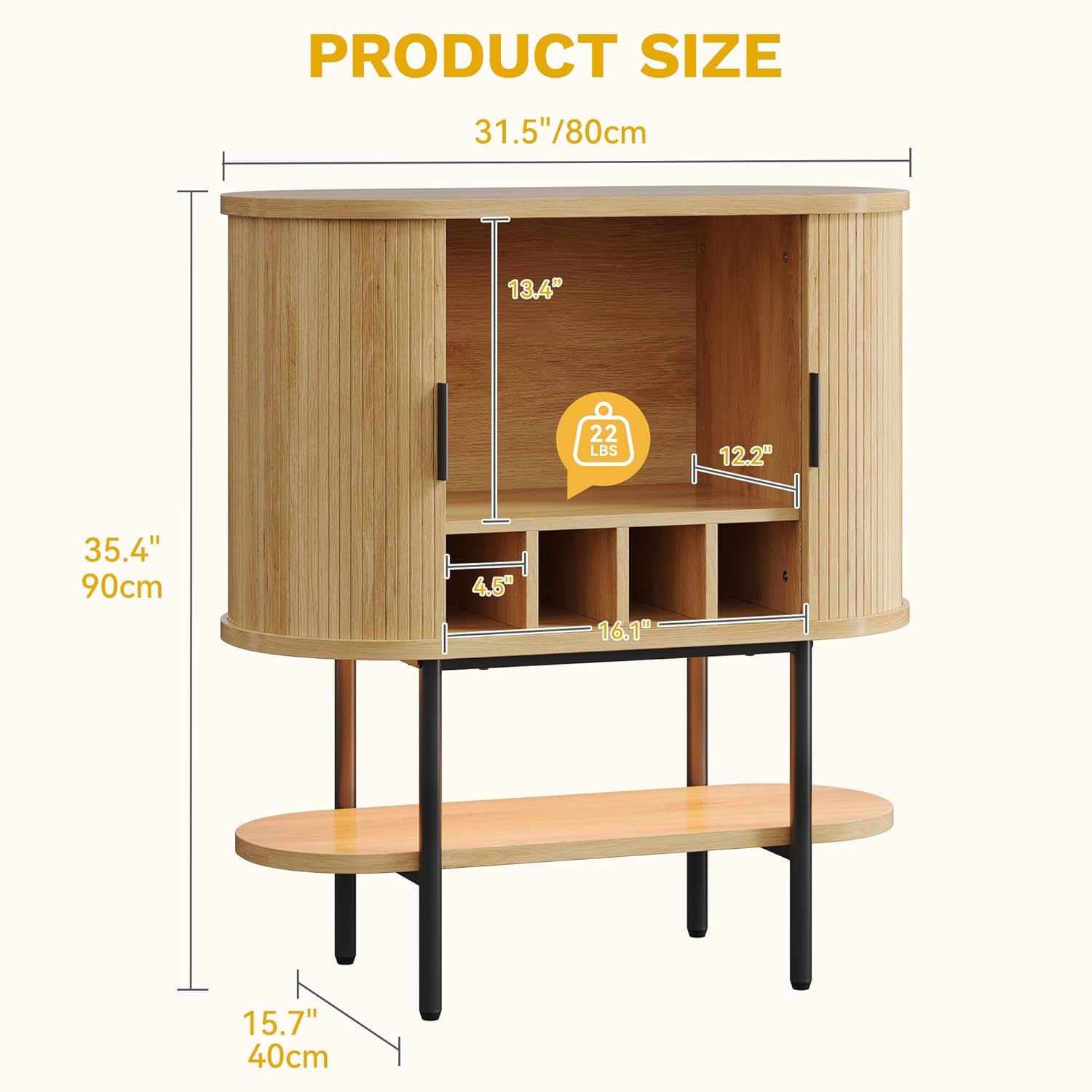 DWVO Bar Cabinet with LED Lights, Oval-Shaped Wine Bar Table with 2 Glass Holders, 4 Wine Racks, Open Shelf, Fluted Coffee Bar Liquor Cabinet for Home, Kitchen, Living Room, Natural Oak