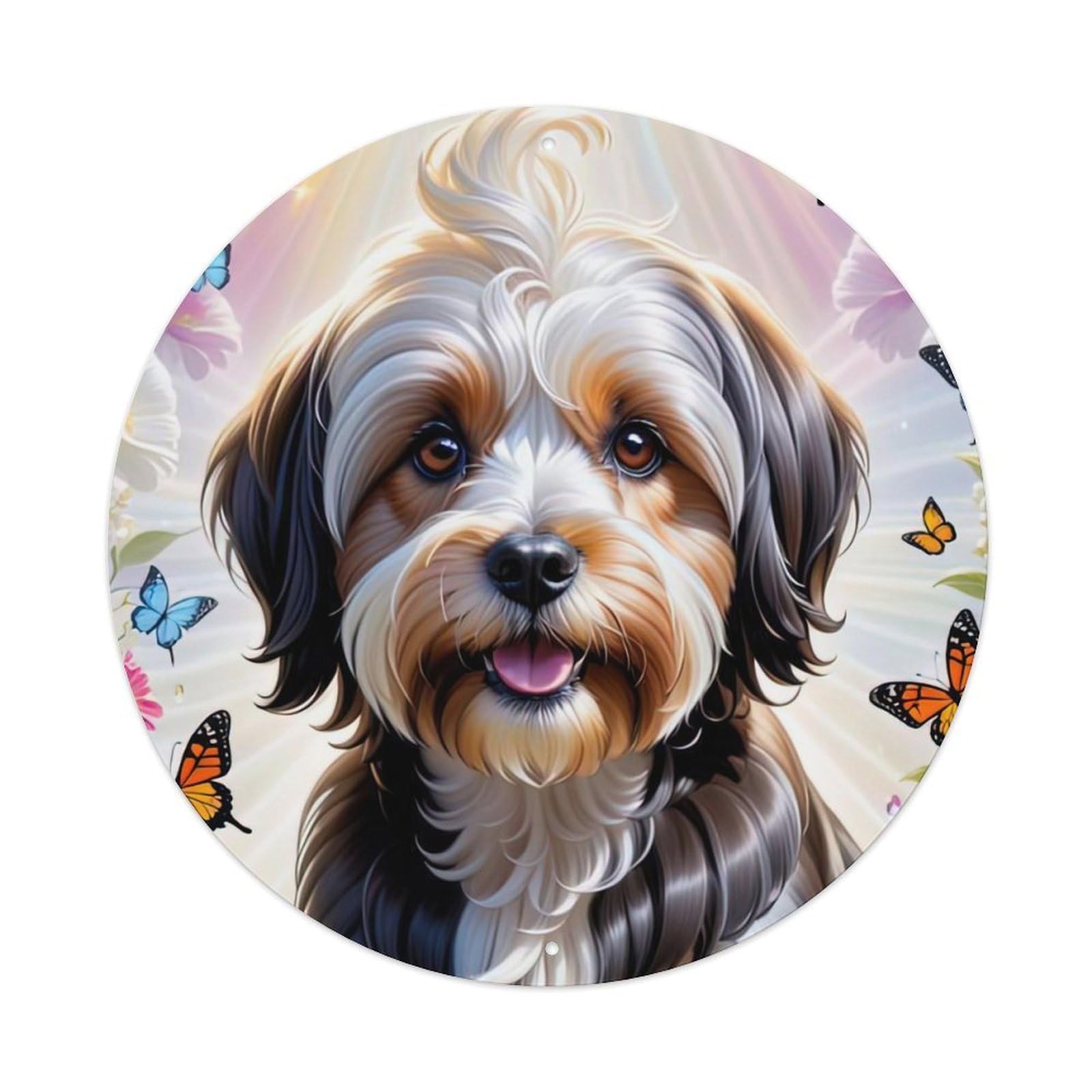 Animal Artwork Havanese And Butterflies Vintage Metal Tin Sign Plaque Wall Decor for Cafe, Club, Garden Round Metal Poster 8x8Inch