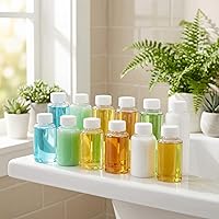 Vista 7 de 12 botellas transparentes de plástico de 3.3 onzas líquidas, contenedor vacío con tapa de rosca blanca, estuche de polvo sólido, soporte