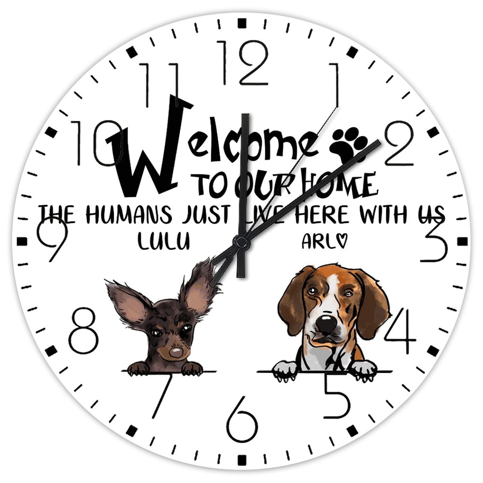 Horloge murale en bois de 38 cm personnalisée avec nom de chien style rustique