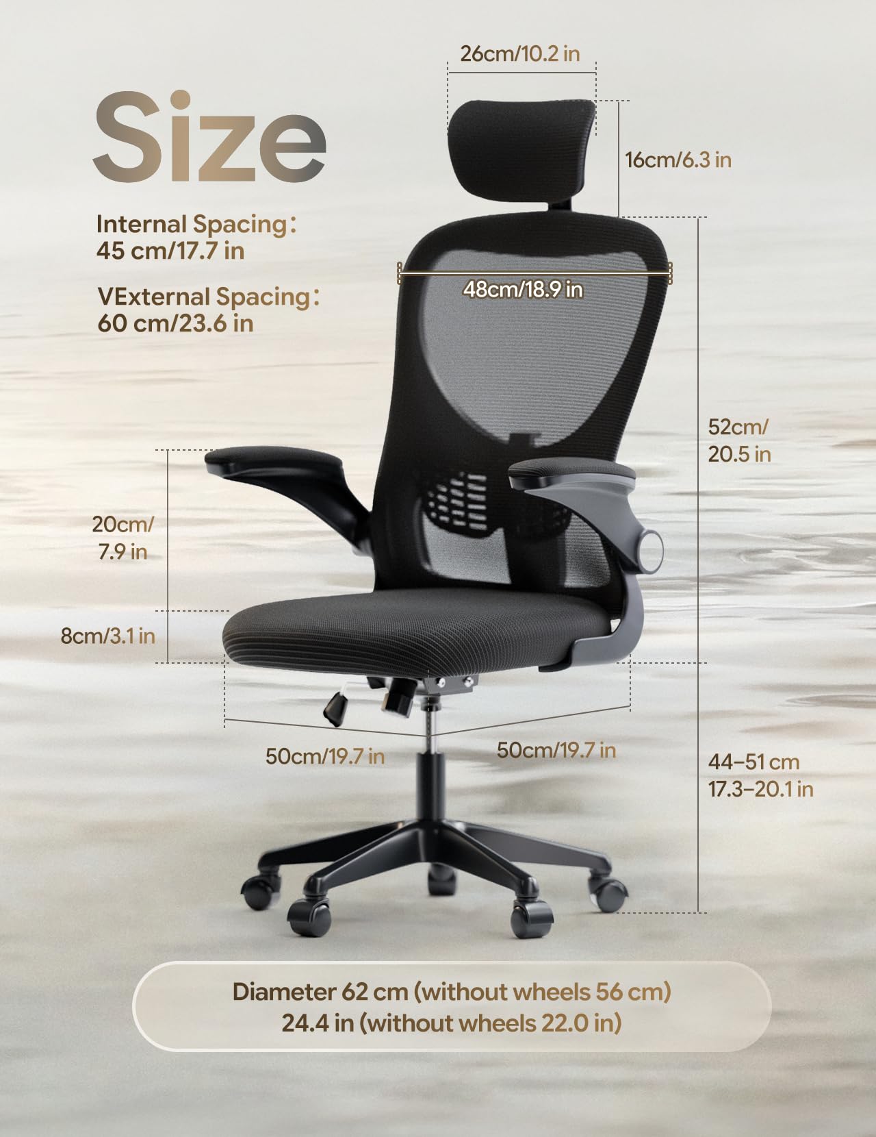 Bürostuhl, ergonomischer Schreibtischstuhl mit verstellbarer Lendenwirbelstütze und Kopfstütze, hohe Rückenlehne, Netz-Computerstuhl mit hochklappbaren Armlehnen, gepolstertes Sitzkissen für Home