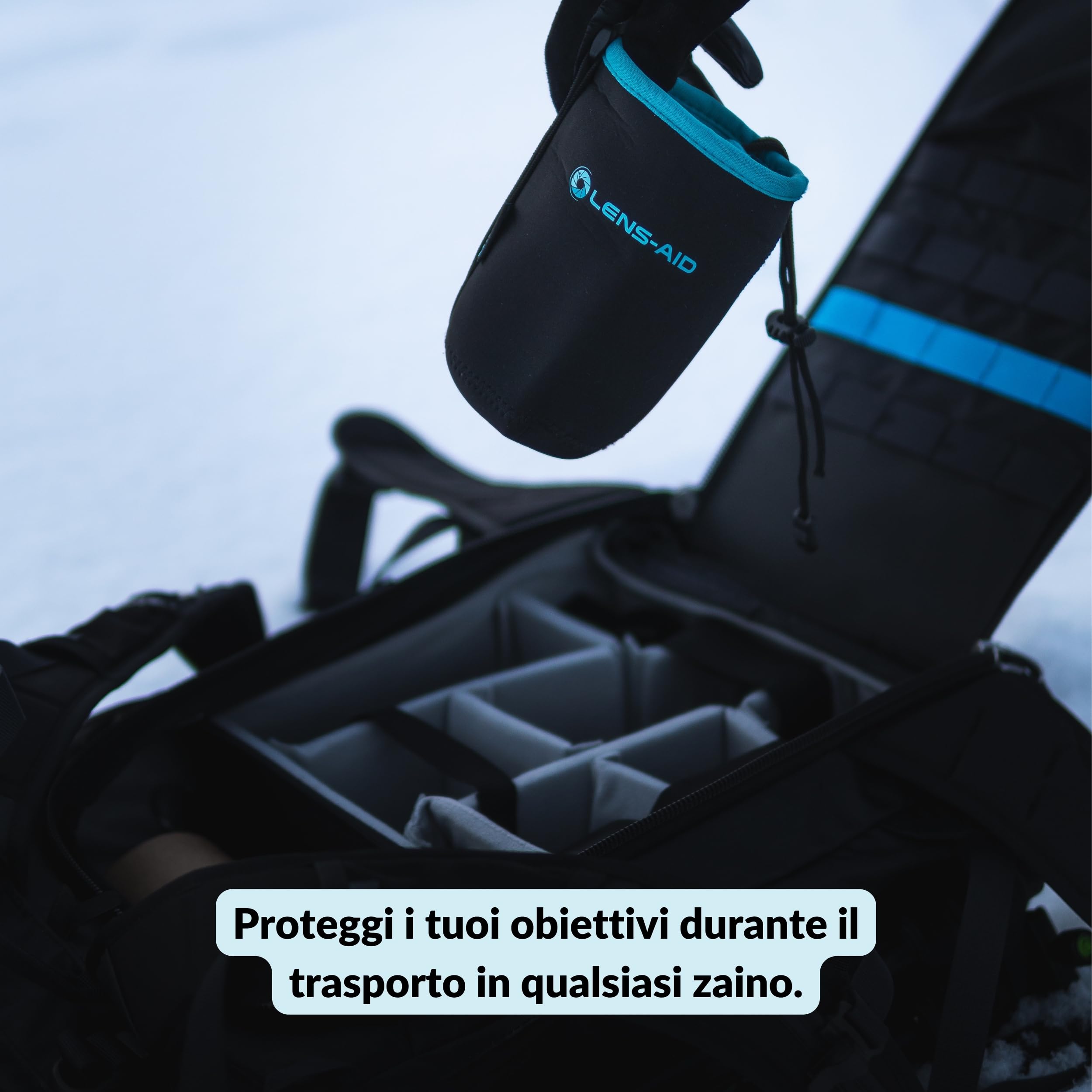 LENS-AID Custodia Obiettivo Neoprene con Fodera in Pile – Protezione Antiurto per Obiettivi della Fotocamera, Flash e Accessori Fotografici, Nero/Blu, L, Moderno