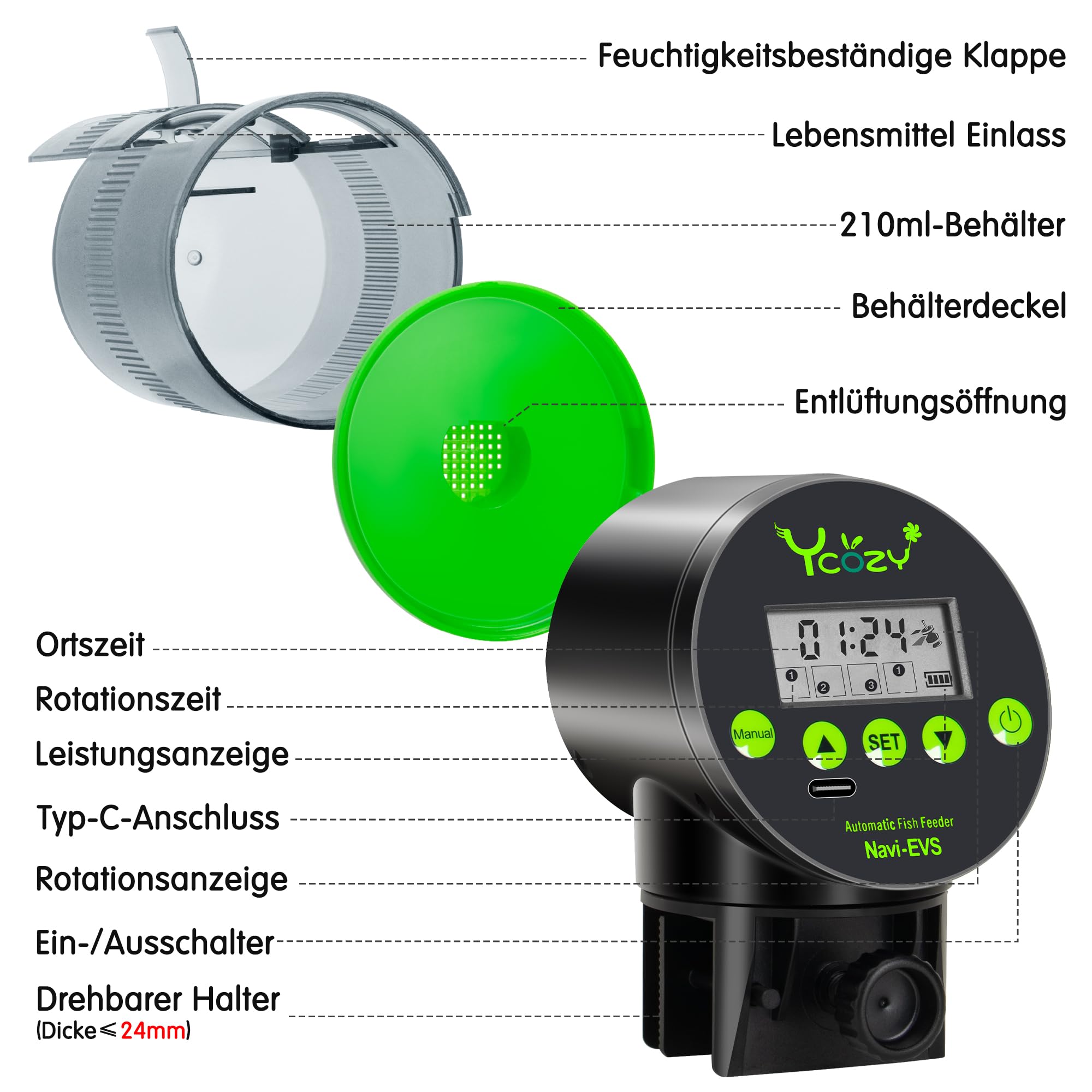 Ycozy Futterautomat Aquarium mit Feuchtigkeitsdichter Abdeckung Fischfutter Automat mit Typ-C Ladekabel LCD-Anzeige für Aquarium Fischtank Navi-EVS