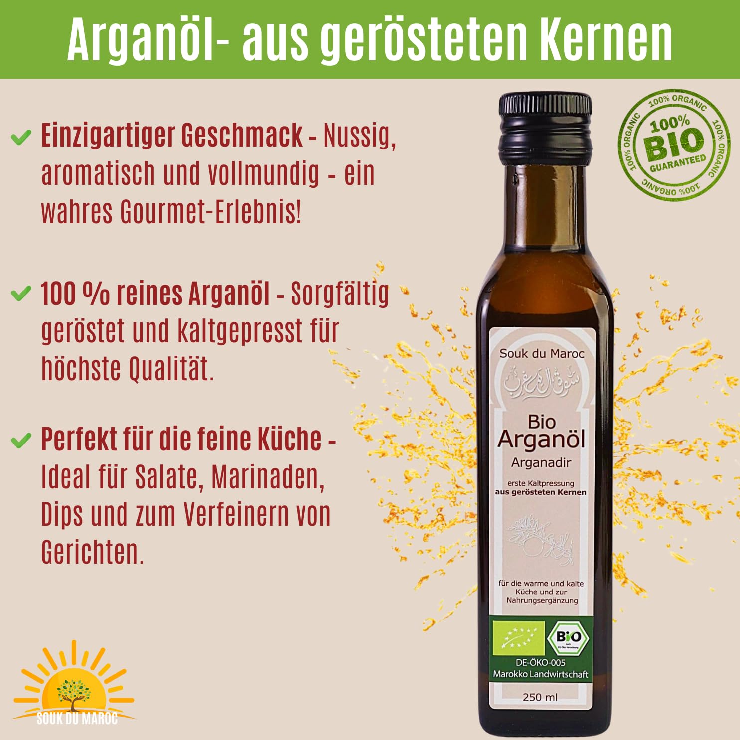 Aceite de argán orgánico comestible tostado prensado en frío Arganadir de Marruecos, 250 ml ✔ 100% vegano puro ✔ orgánico para cocinar, ensaladas y suplementos nutricionale