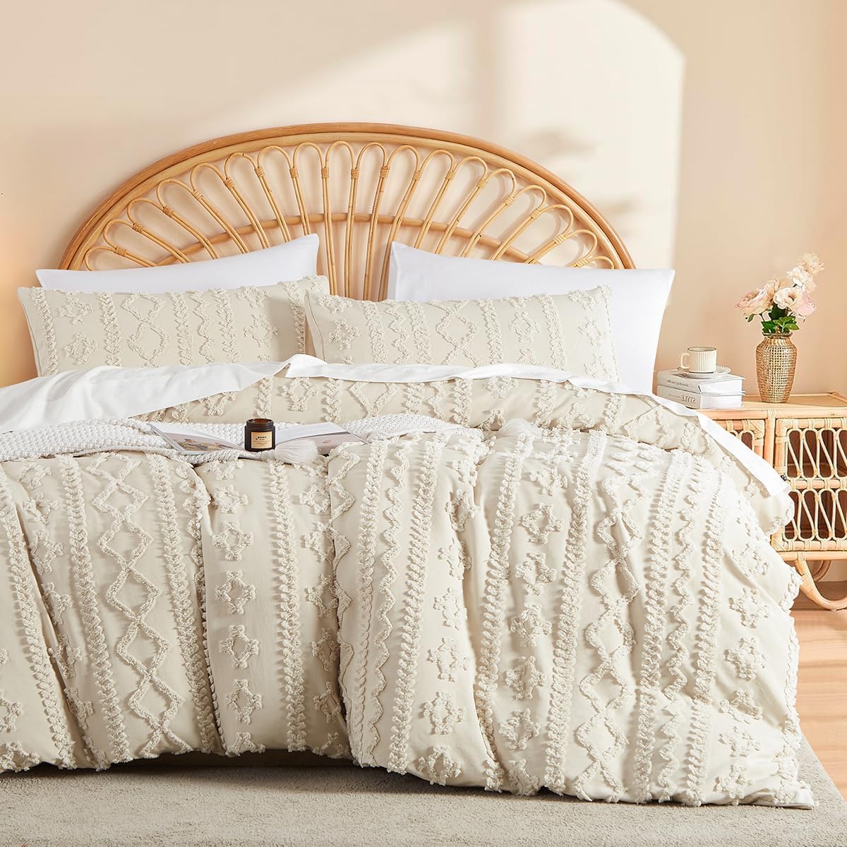 Lanqinglv Beige Bed Linen 200 x 200 cm Boho Tufted Exquisite Embroidery