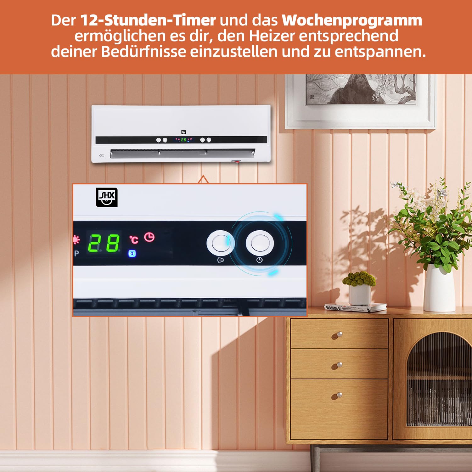 SHX Termoventilatore PTC a parete 2000W SHX501HEAT2023 - Elemento riscaldante PTC, 2 livelli di riscaldamento, 3 modalità di funzionamento, 2000 Watt, termostato elettronico, programmazione timer,