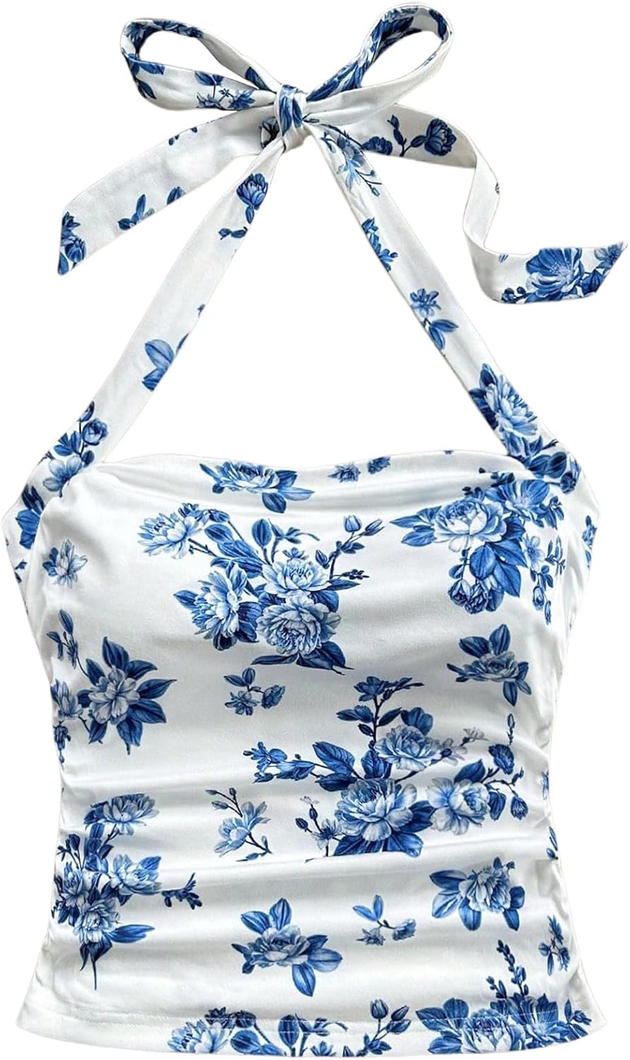 MakeMeChic Women's Floral Print Halter Top Ruched Tie Back Sleeveless Boho Shirt