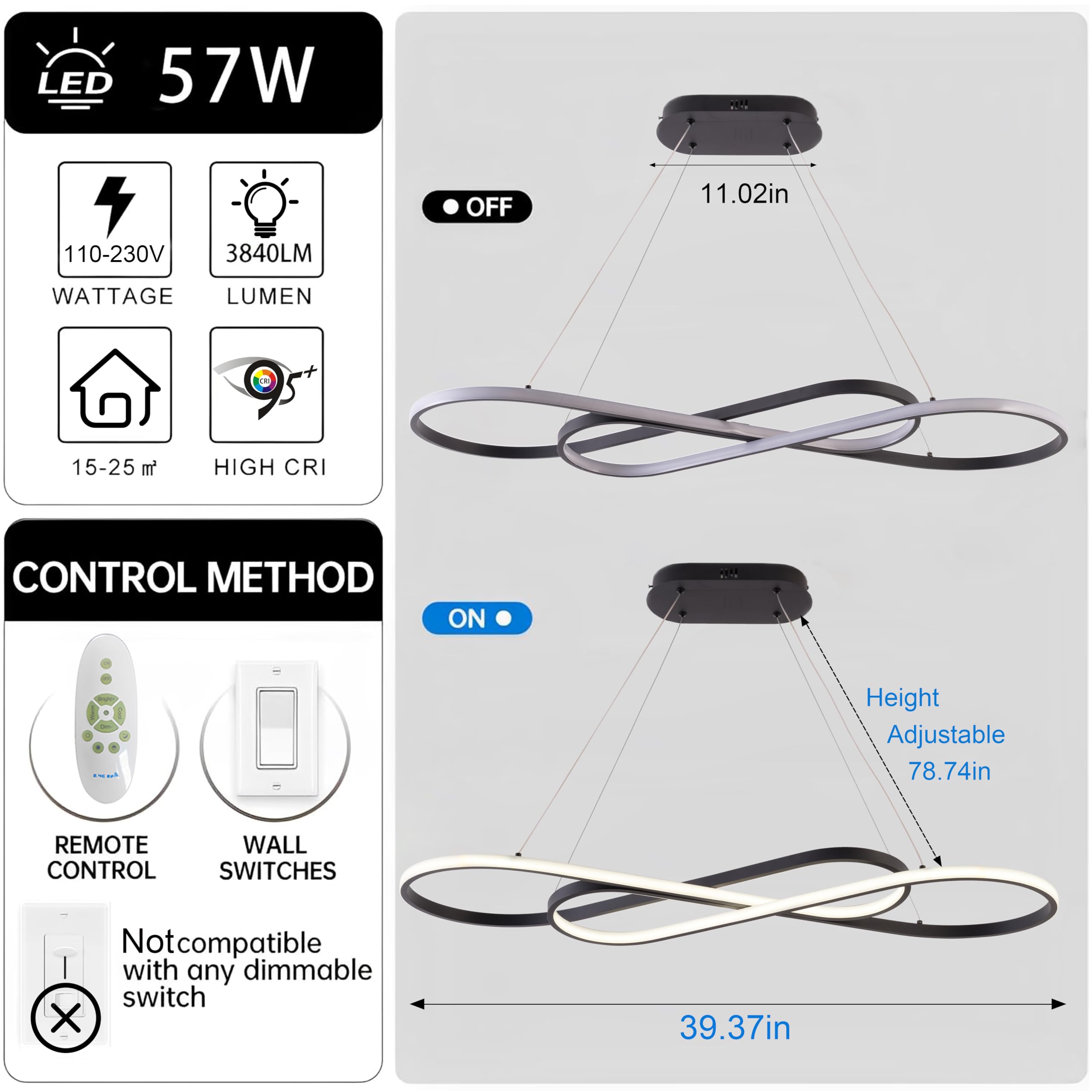 Lampadario Led Sospensione Moderna Lineare Sospensione Dimmerabile con Telecomando Nero L100cm Tavolo da Pranzo Lampadario, Cucina Lampada Regolabile Altezza Cucina Lampadari