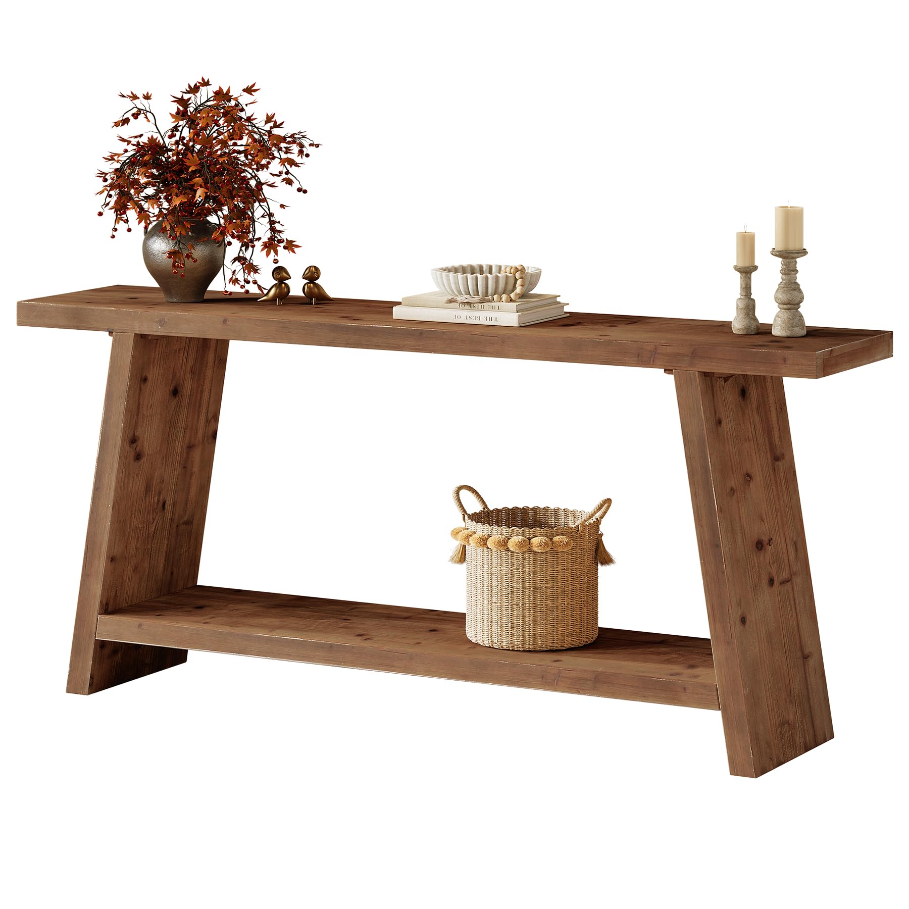 Mesa consola de madera maciza, 160 cm, mesa de entrada larga con 2 estantes, mesa de sofá estrecha detrás del sofá, mesa de pasillo para pasillo, salón, estilo granja vintage