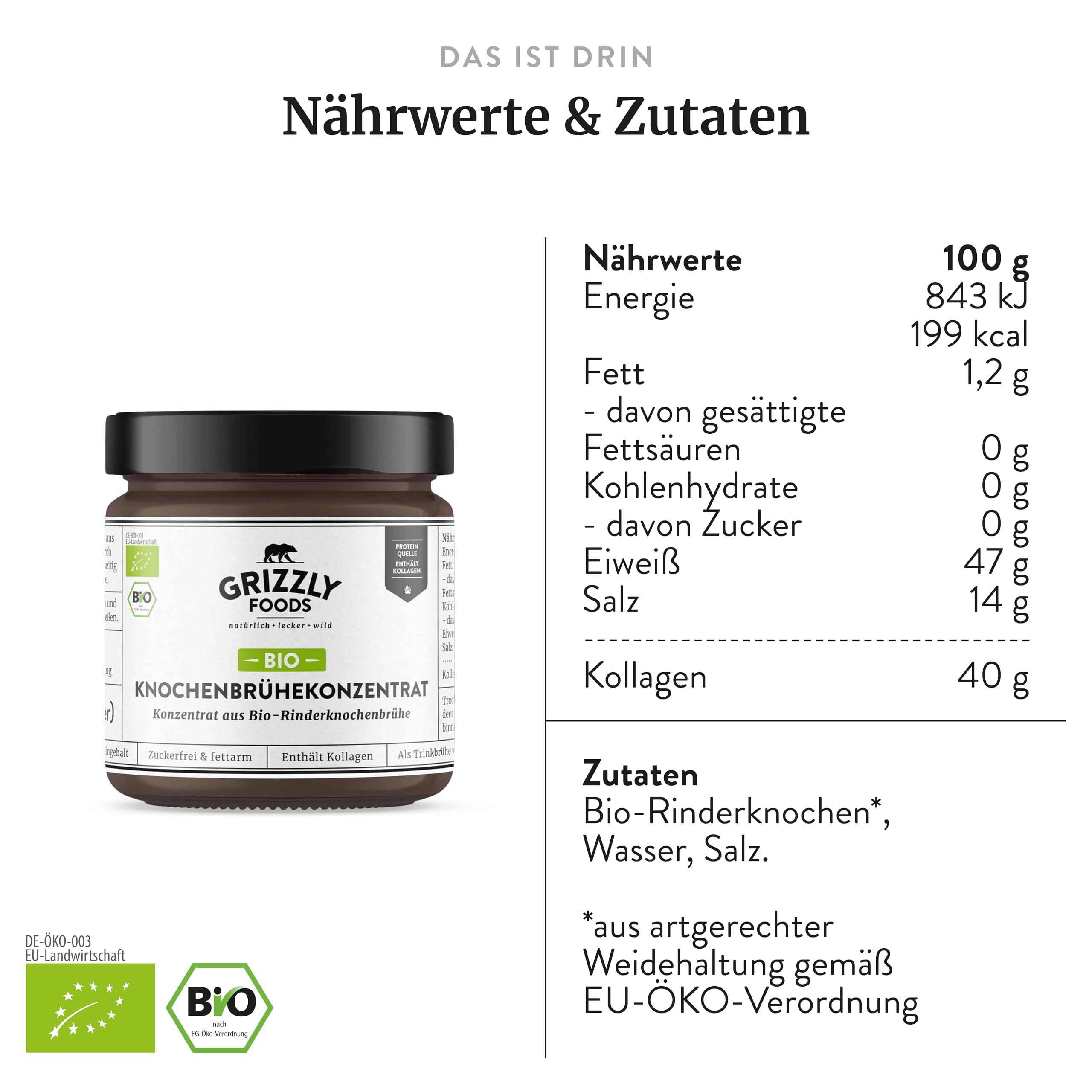 Grizzly Foods Bio Knochenbrühe Konzentrat vom Rind 220g 88g Kollagen proteinreich Trinkbrühe Kochbasis