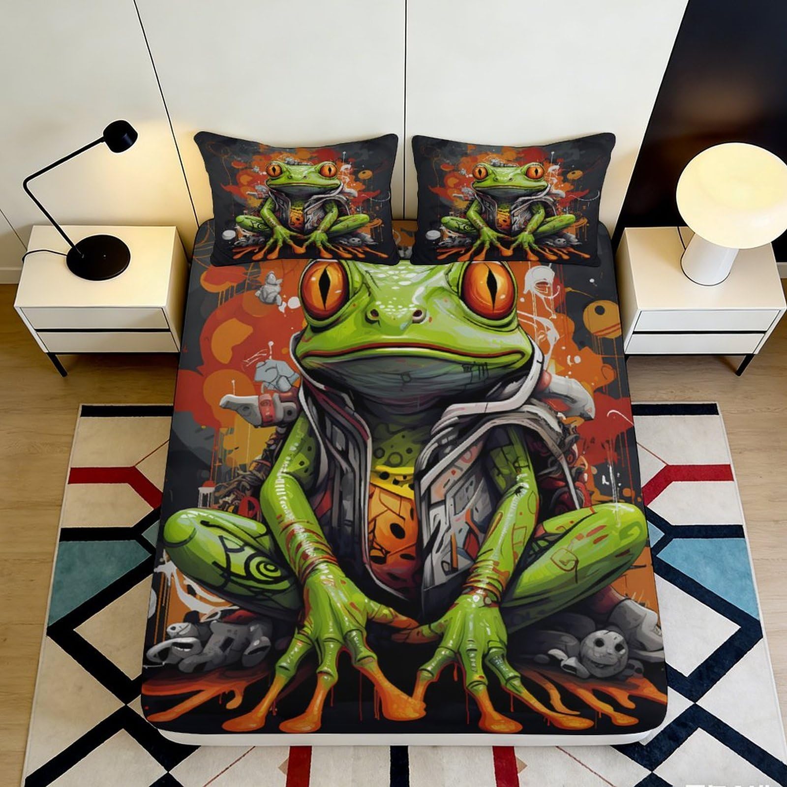 3D Printed Graffiti Frog Fitted Sheet Microfiber Durable Soft 3D Printed Urban Art Mattress Cover for Bedroom Dormitory Guest Room 90x200x25cm