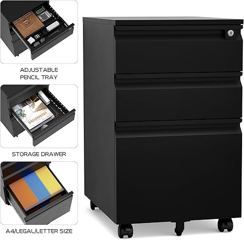 Miniatura 5 de Archivador negro de 3 cajones, archivador móvil con ruedas, debajo del escritorio con bloqueo de archivos para oficina en casa