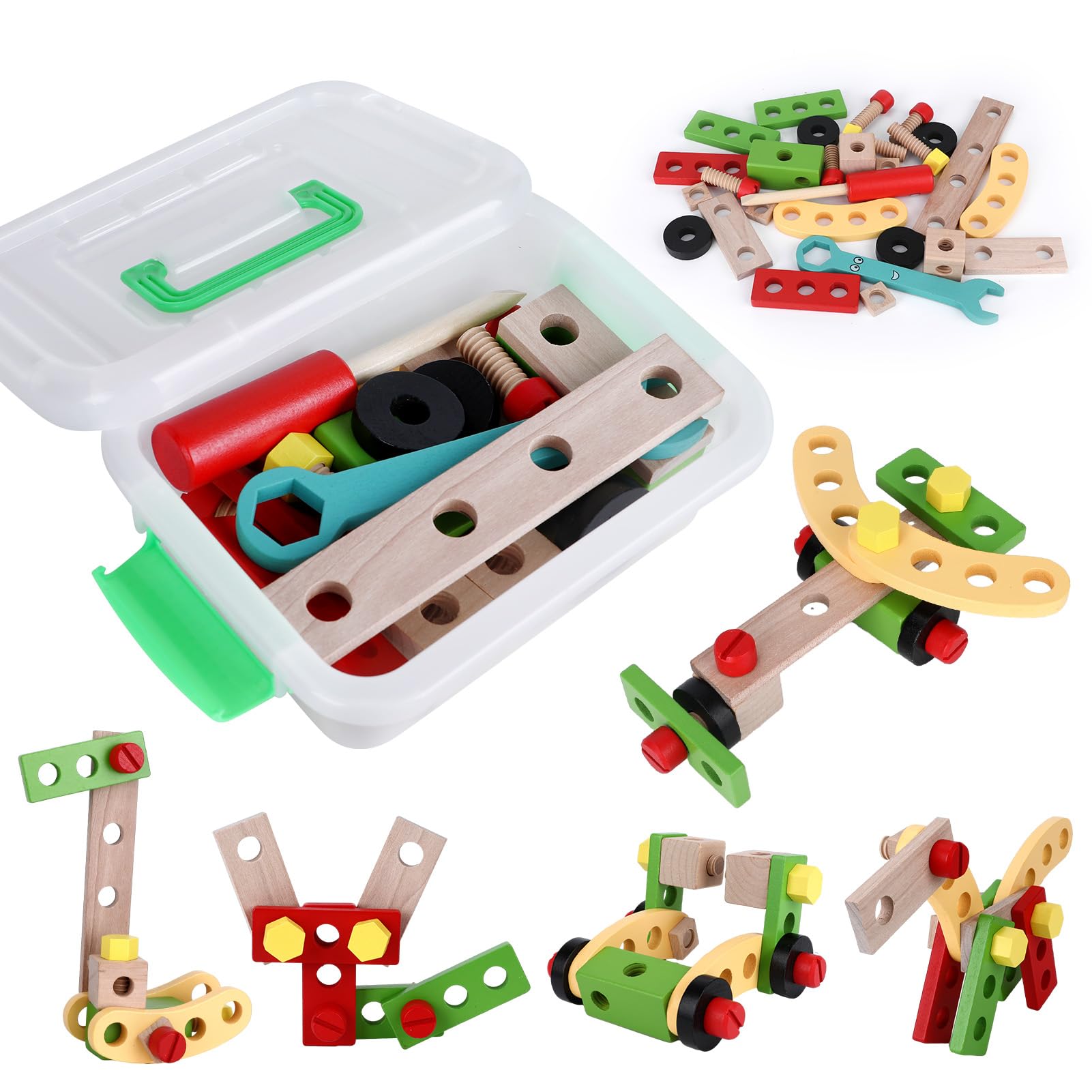 wotoyd Montessori Speelgoed, houten speelgoed, 3 jaar, gereedschapskoffer voor kinderen vanaf 3, 4, 5 jaar, educatief speelgoed, gereedschap, spelletjes, cadeau voor jongens en meisjes (38 stuks