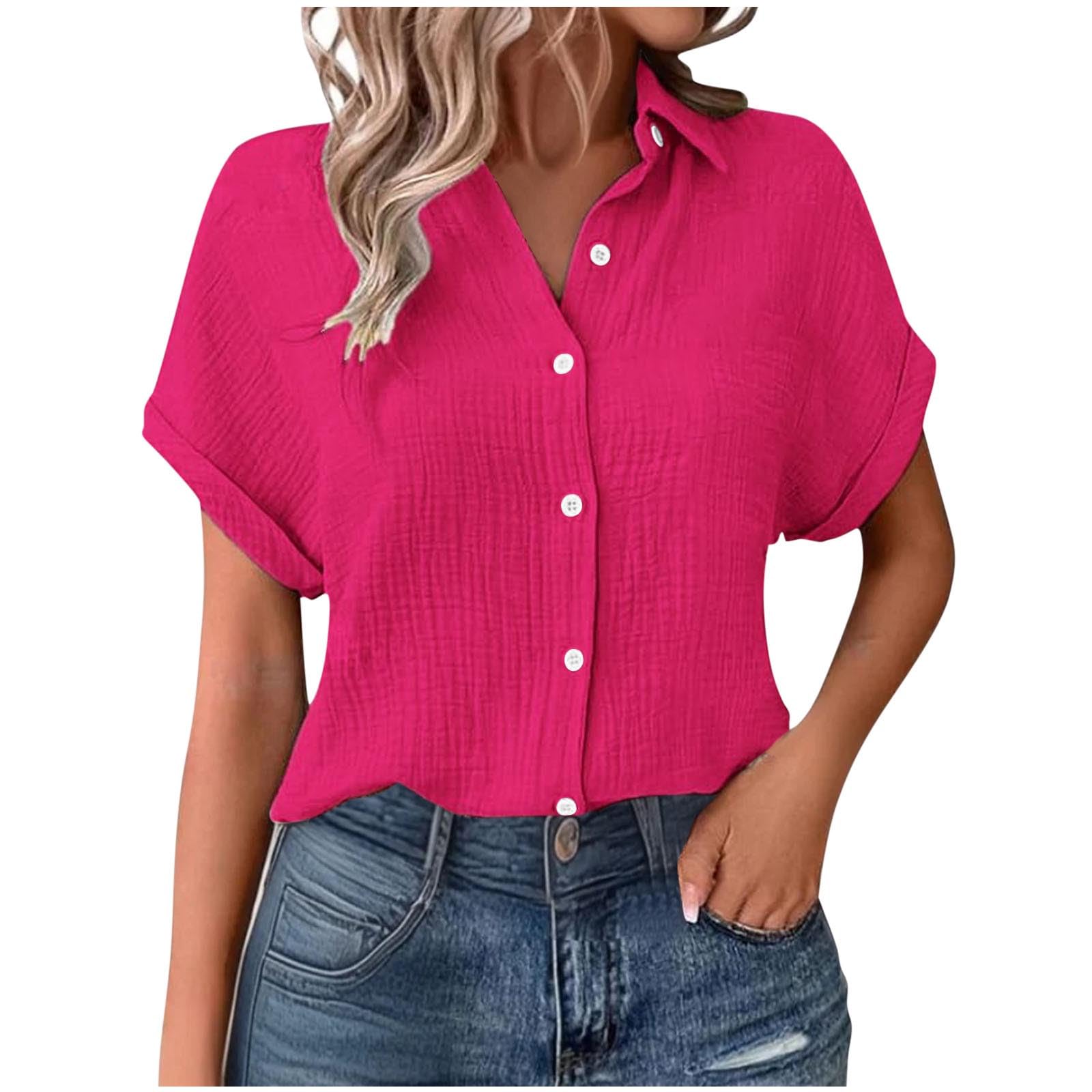 AEGJEGVD Musselin Damen Blusen Elegant Shirt Kurze Ärmel Bluse Mit Kragen Knopfleiste Formelle Arbeitskleidung Lässige Hemden Leinenbluse Flowy Locker Blusen Atmungsaktive Sonnenschutz Oberteil