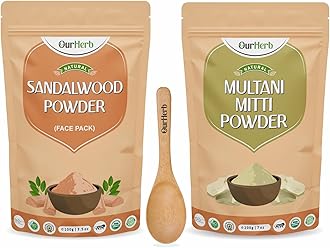 OurHerb Sandalwood & Multani Mitti Powder Face Pack for Glowing Skin & Tan Removal, Effective Facial Treatment Glow Naturally Chandan Powder,Wooden Spoon | Pack of 100g x 2 |