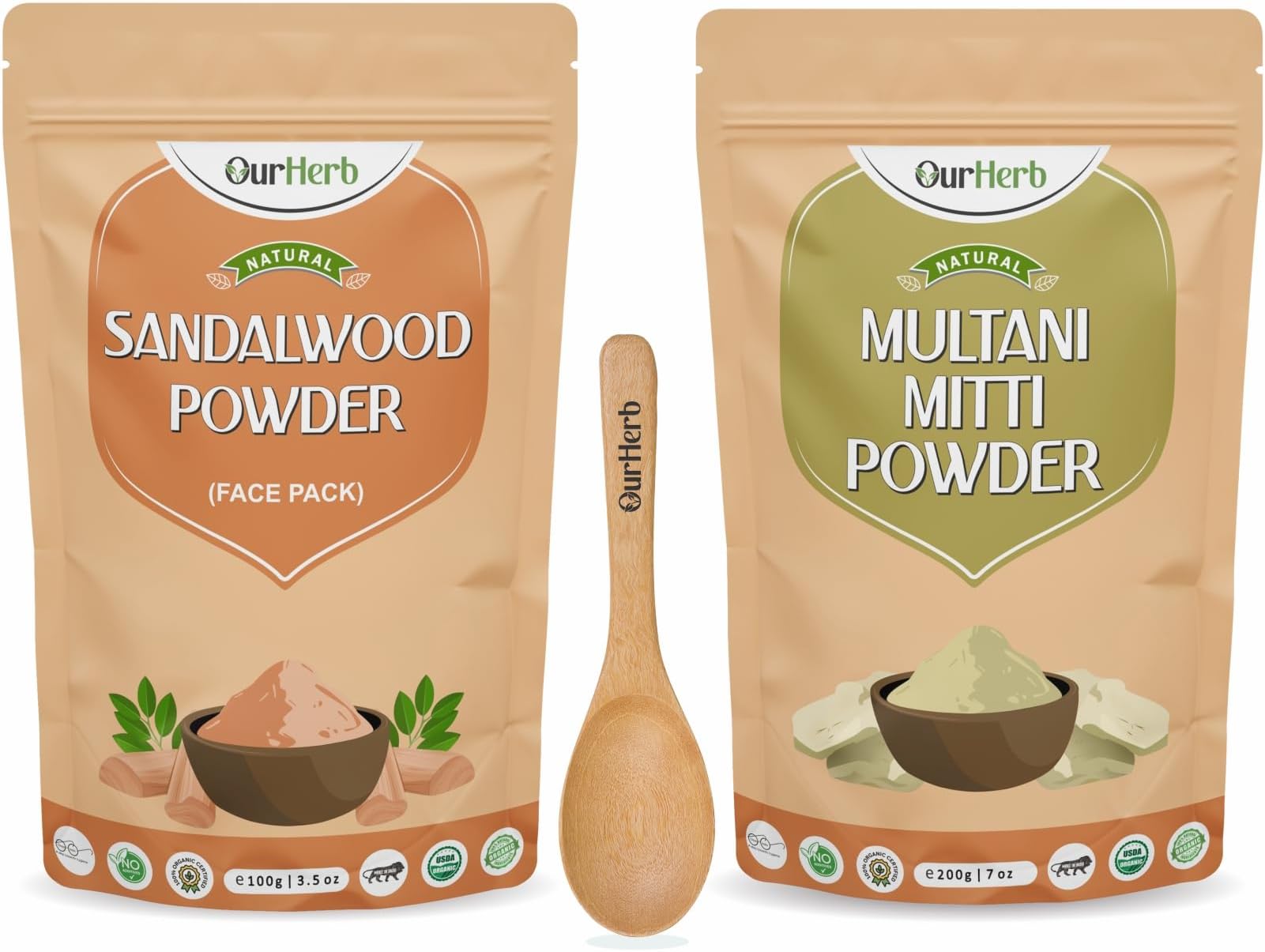 Sandalwood & Multani Mitti Powder Face Pack for Glowing Skin & Tan Removal, Effective Facial Treatment Glow Naturally Chandan Powder,Wooden Spoon | Pack of 100g x 2 |