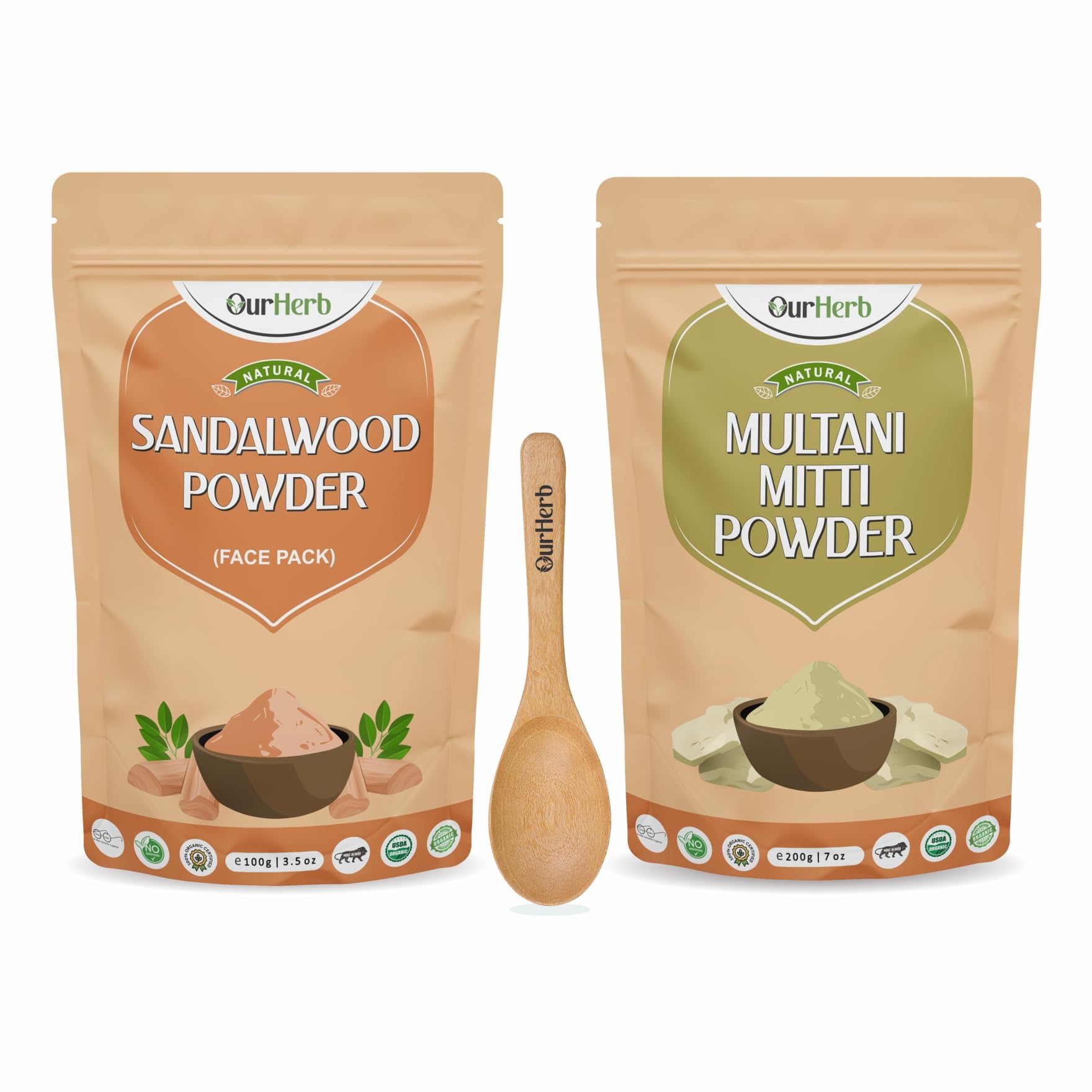 OurHerb Sandalwood & Multani Mitti Powder Face Pack for Glowing Skin & Tan Removal, Effective Facial Treatment Glow Naturally Chandan Powder,Wooden Spoon | Pack of 100g x 2 |
