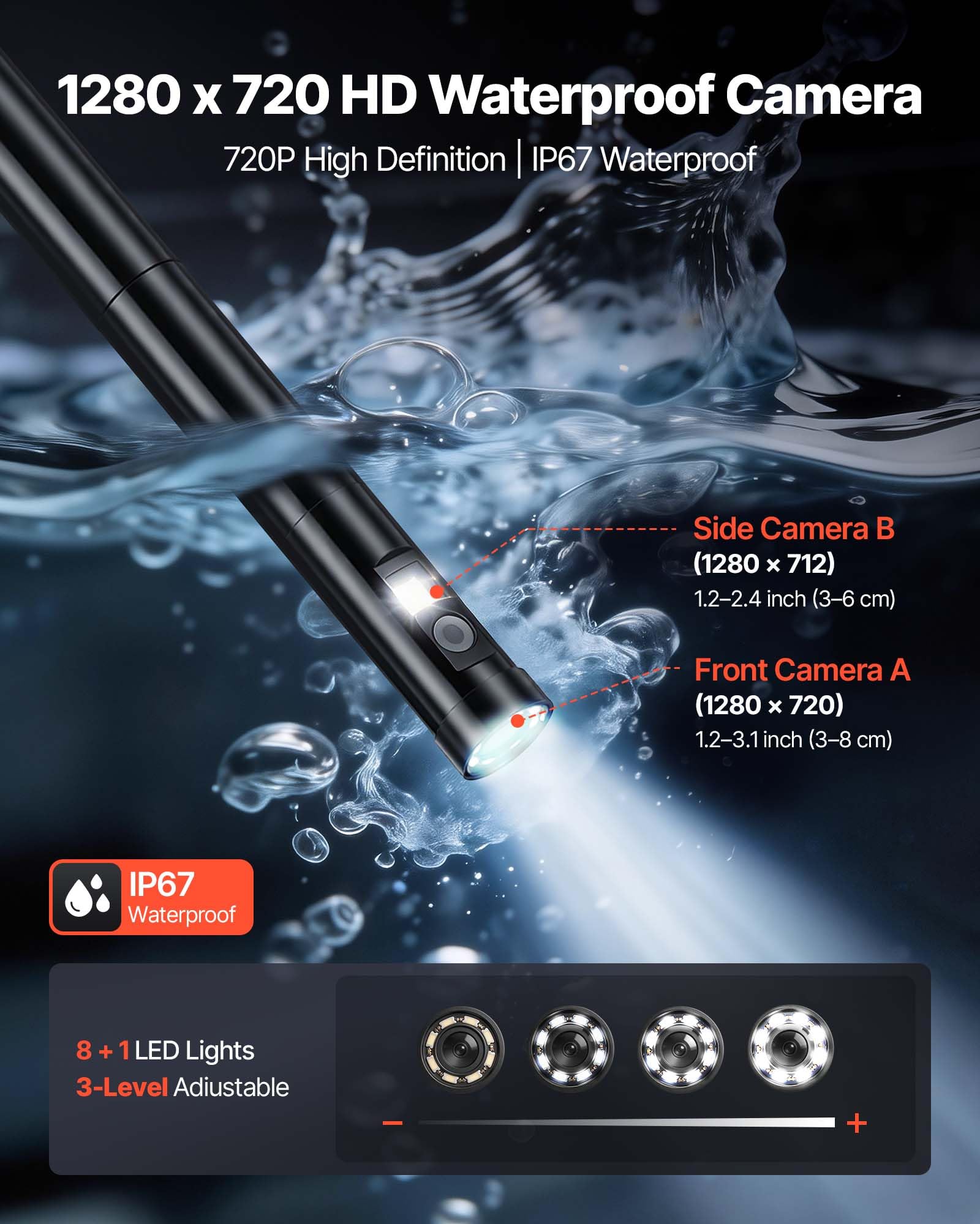 VEVOR Telecamera Endoscopica Articolata a Doppia Lente con Luce, Rotazione a 360°, Schermo IPS HD da 5'', Funzione Schermo Diviso, Zoom 8x, Cavo Impermeabile IP67 da 5 m, per Settore Auto e Idraulica