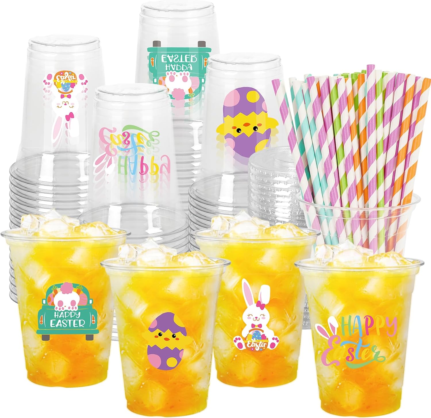 60Pcs Easter Disposable Plastic Cups with Lids and Straws 12oz Bunny Egg Rabbit Chick Truck Party Cups Cute Drinking Coffee Cup for Spring Easter Holiday Birthday Party Supplies
