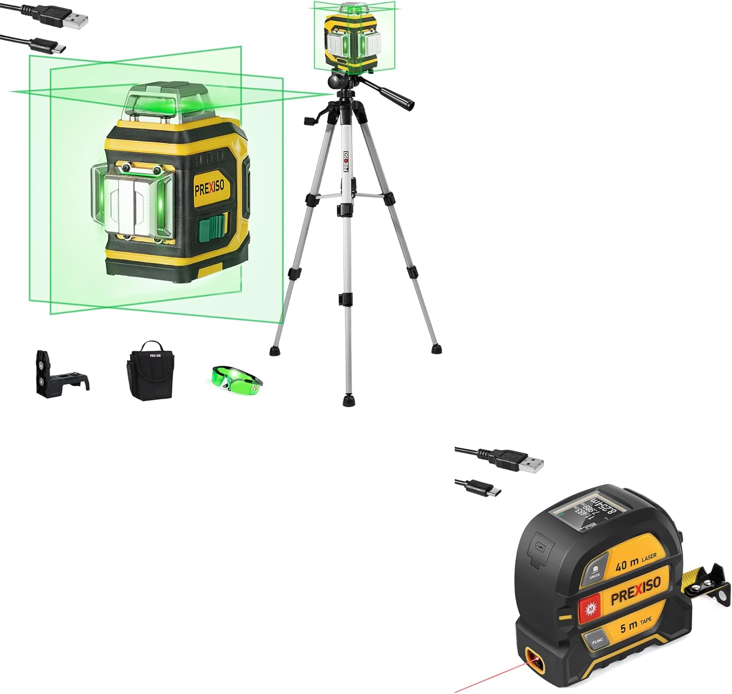 PREXISO 2-in-1 Digital 135Ft Rechargeable Laser Tape Measure & PREXISO Laser Level 3 X 360° with Tripod - Rechargeable Cross Line Leveler, Green Line Laser Level Self Leveling