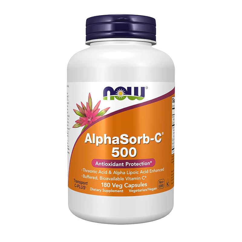 NOW Suplemento de Vitamina C AlphaSorb-C® Transport C-PLUS®, 500 mg, 180 cápsulas vegetais