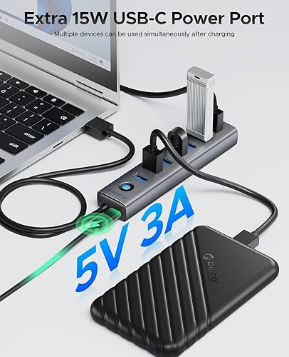 Miniatura 4 de ORICO Hub USB de aluminio de 7 puertos con cable de 3.28 pies, múltiples concentradores USB 3.0, transferencia de datos de 5 Gbps, puerto tipo C 5V