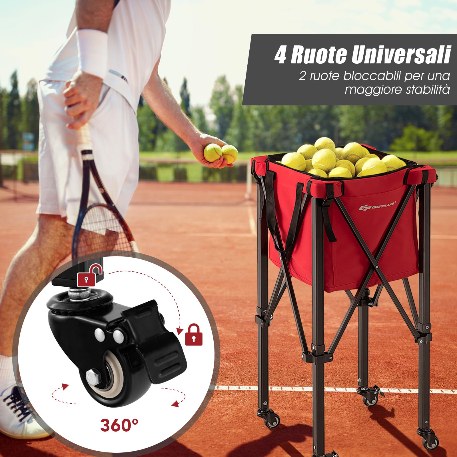 GYMAX Carrello Porta Palline da Tennis Pieghevole in Alluminio e Tessuto Oxford con Capacità di 150 Palline e Sacca Rimovibile, Carrello da Tennis con Ruote per Allenamento, Rosso