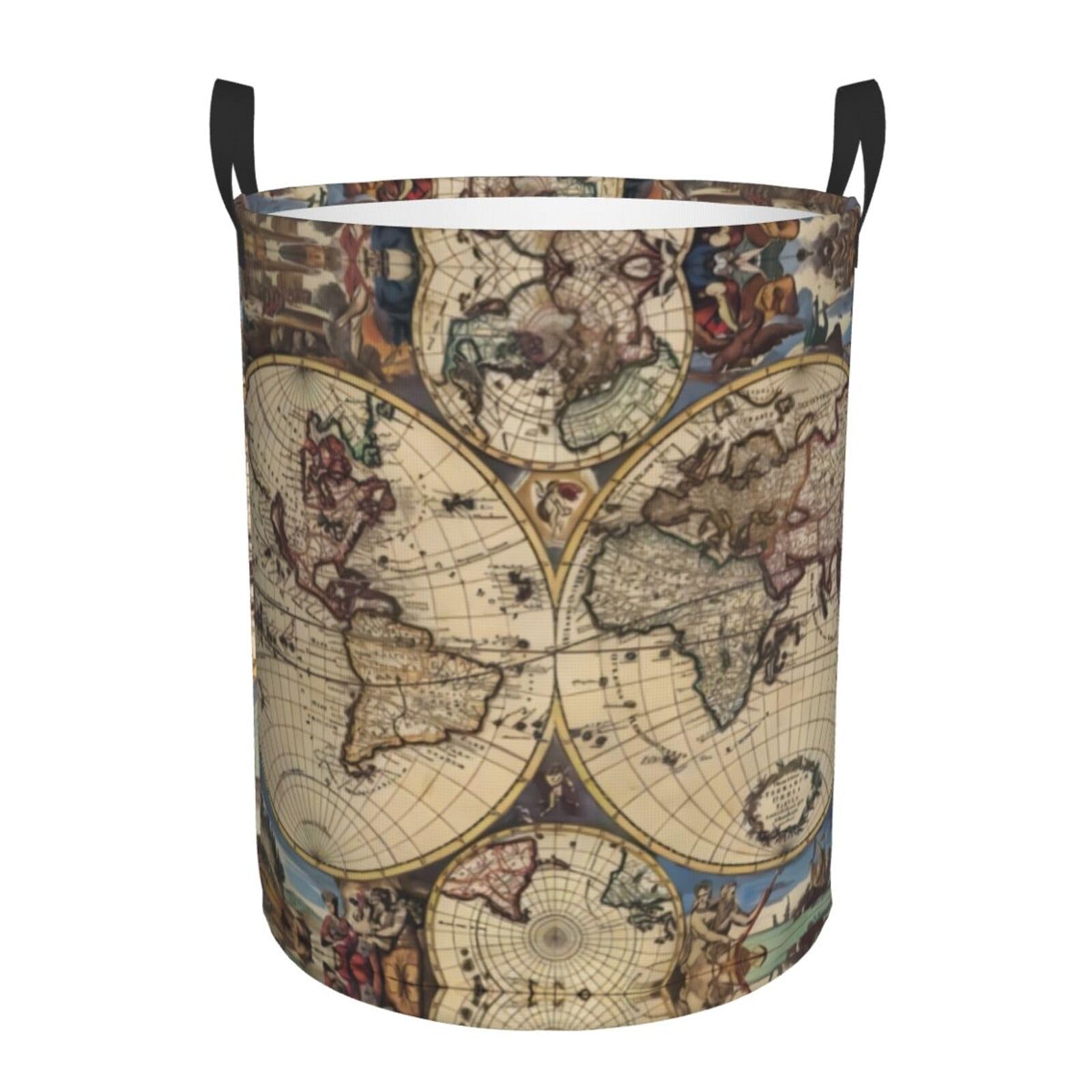 S Circular Hamper – Collapsible Ancient Map World Globe Print Laundry Basket