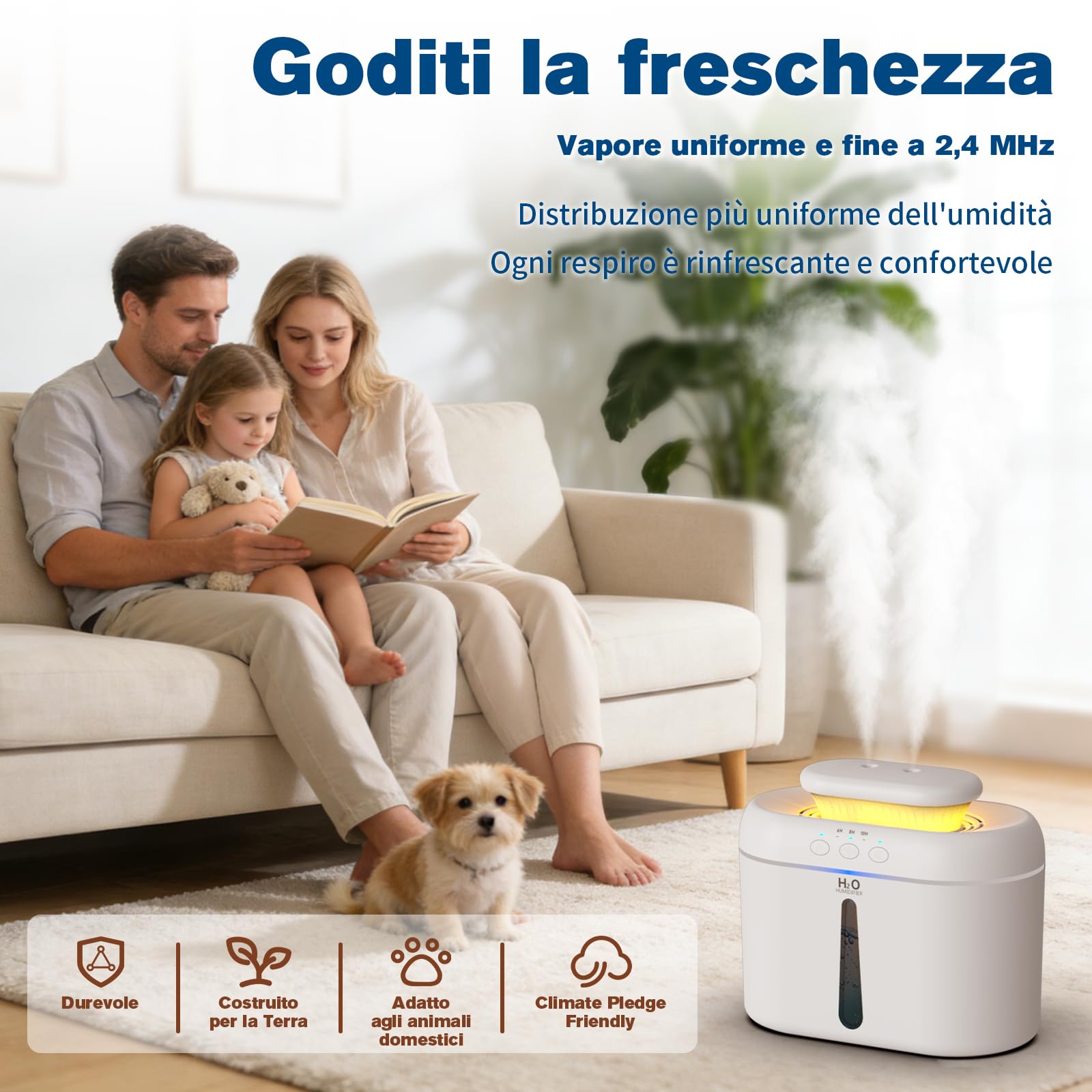 Umidificatore Ambiente Bambini, 2L Umidificatore Camera da Letto, 20 dB Silenziosi Umidificatore per Camerette, Piante e Uffici, con Timer di Spegnimento Automatico e Funzione Luce Notturna (Bianco)