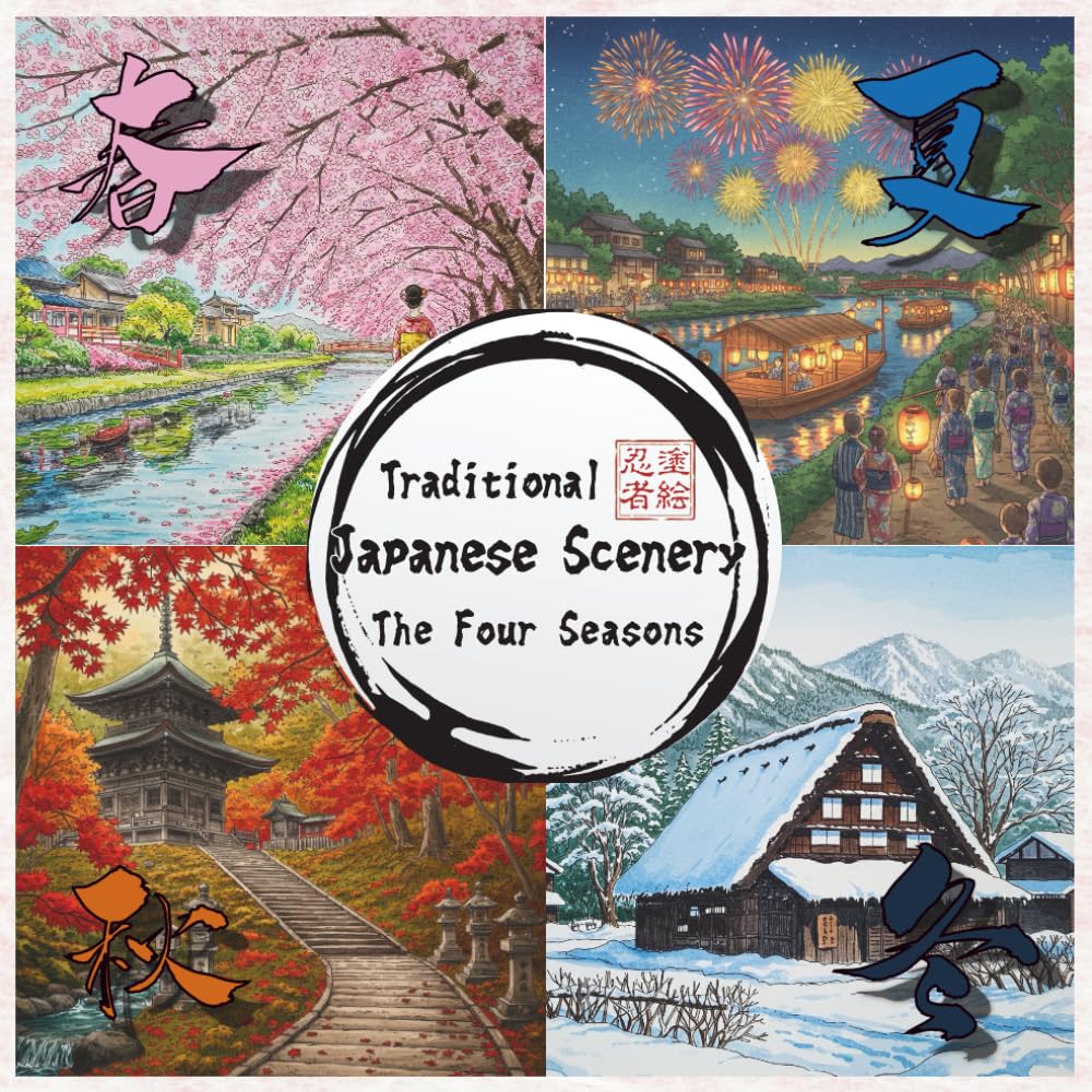 Traditional Japanese Scenery: The Four Seasons: Coloring Book for Adults