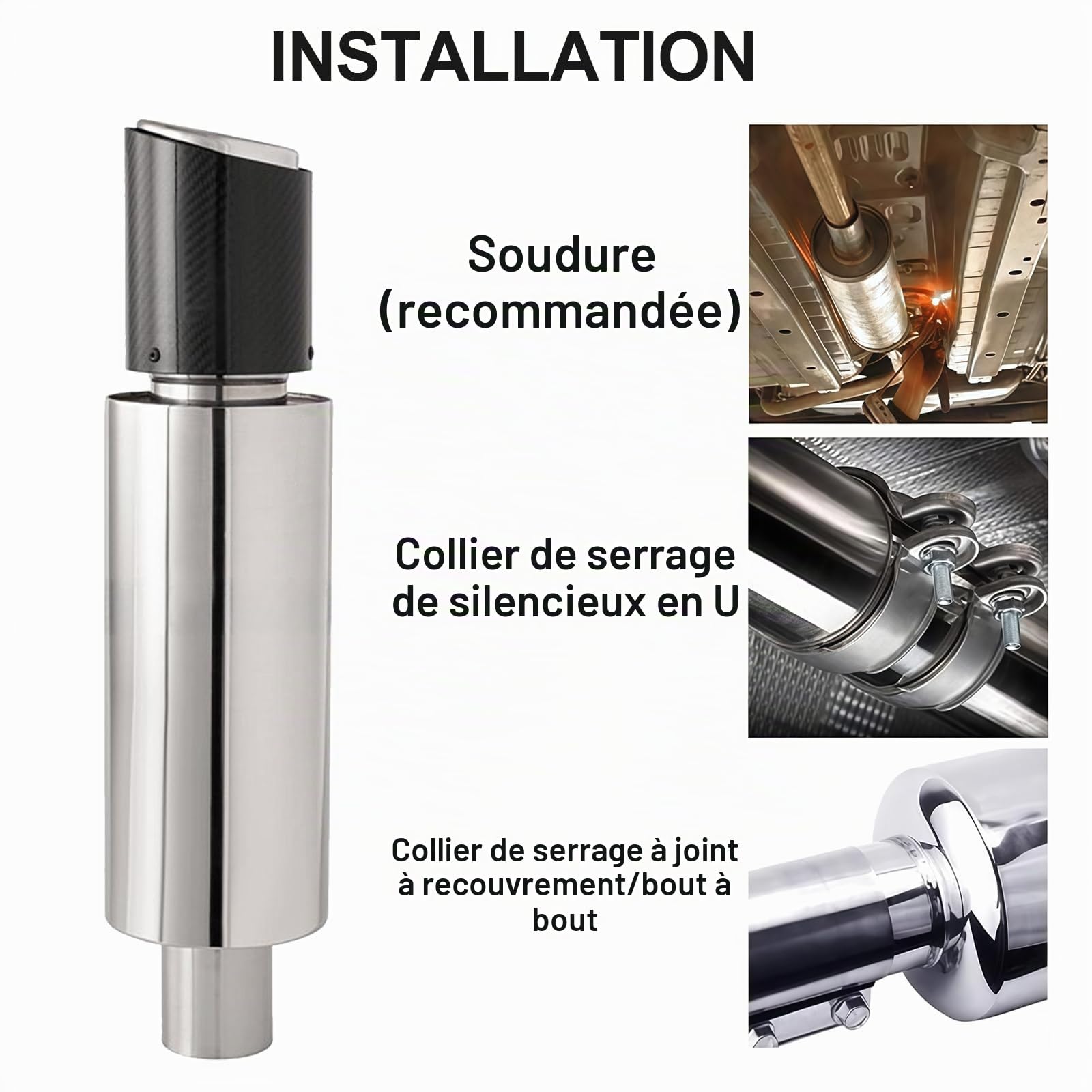 Silencieux d'Échappement Voiture 63mm Bruit Echappement Sport Silencieux Voiture Acier Inoxydable Universel Pot Echappement Bord Roulé Droit Biseauté pour Berline SUV (Fibre de Carbone)
