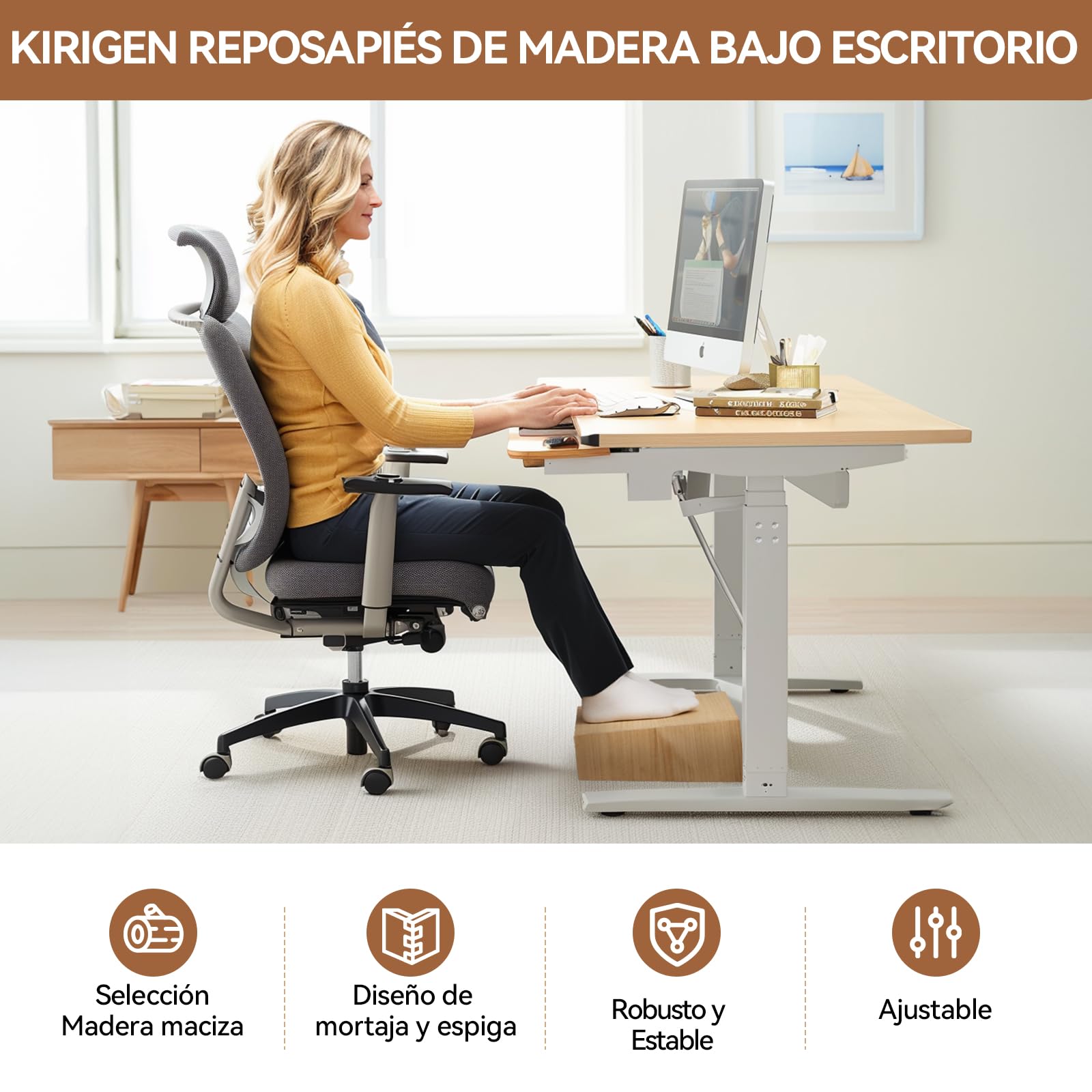 KIRIGEN Reposapiés de madera regulable en altura debajo de la mesa Reposapiés portátil Ayuda a mejorar la postura al sentarse color natural