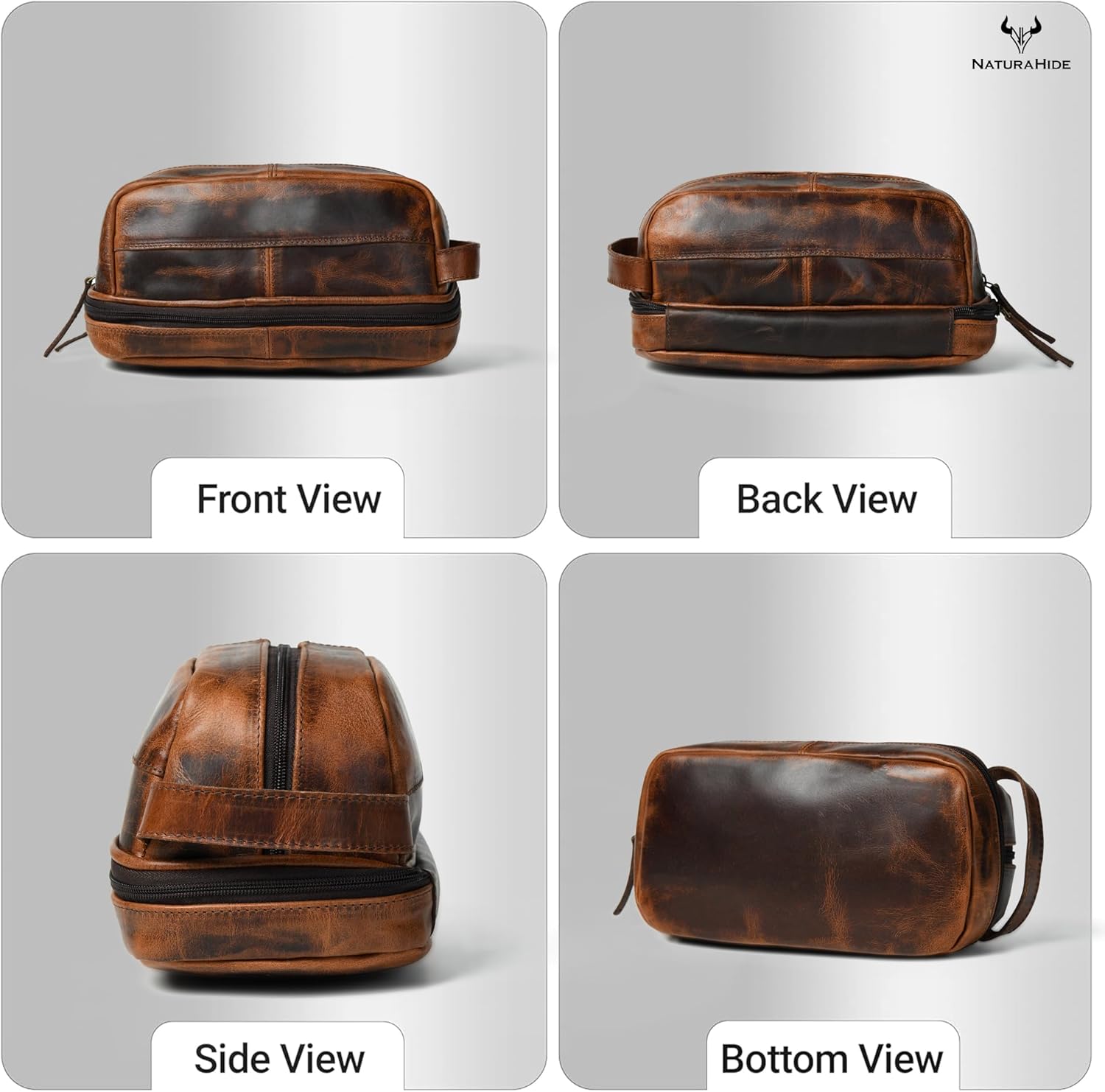 Leather Toiletry Bag – Full Grain Cowhide, Travel Kit with Brass Zipper & Wax Thread Stitching Capacity 1L