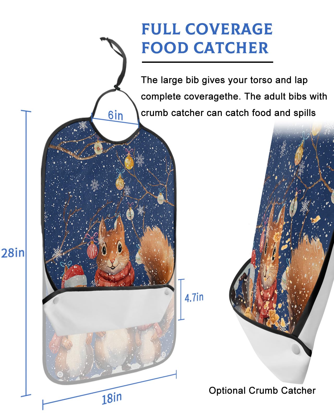 LEOKOTI Blue Squirrels Christmas Adult Bibs for Eating, Waterproof Bibs with Food Catcher & Snap Closure, Xmas Tree Balls Winter Snowflake Washable Clothing Protectors Adult Bibs for Elderly