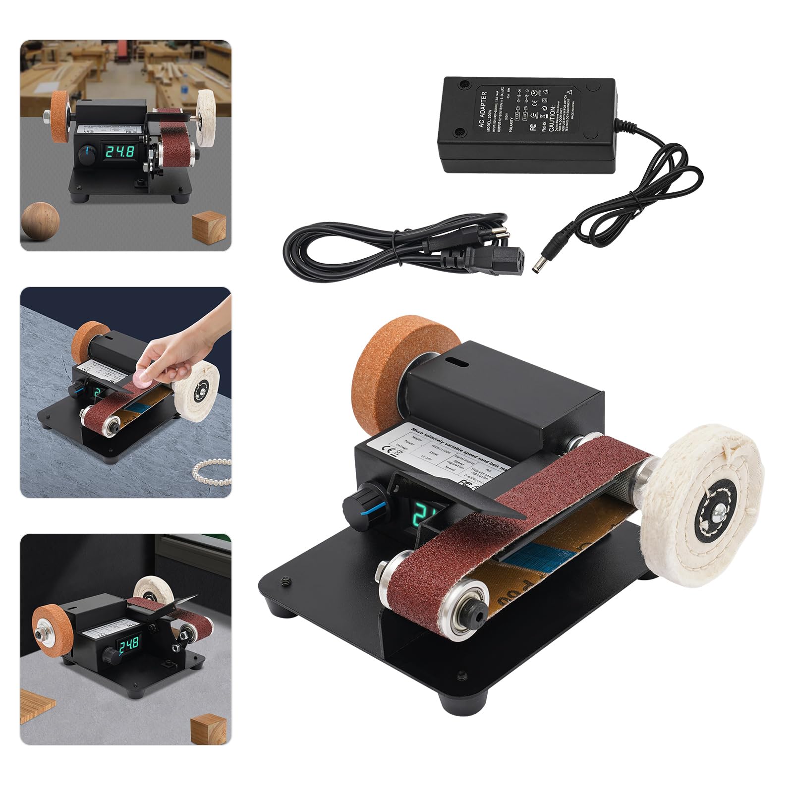 Lijadora de banda para metal, madera, plástico, pulidora con motor de 350 W, 7 velocidades, ajustable sin niveles, incluye 10 bandas de lijado