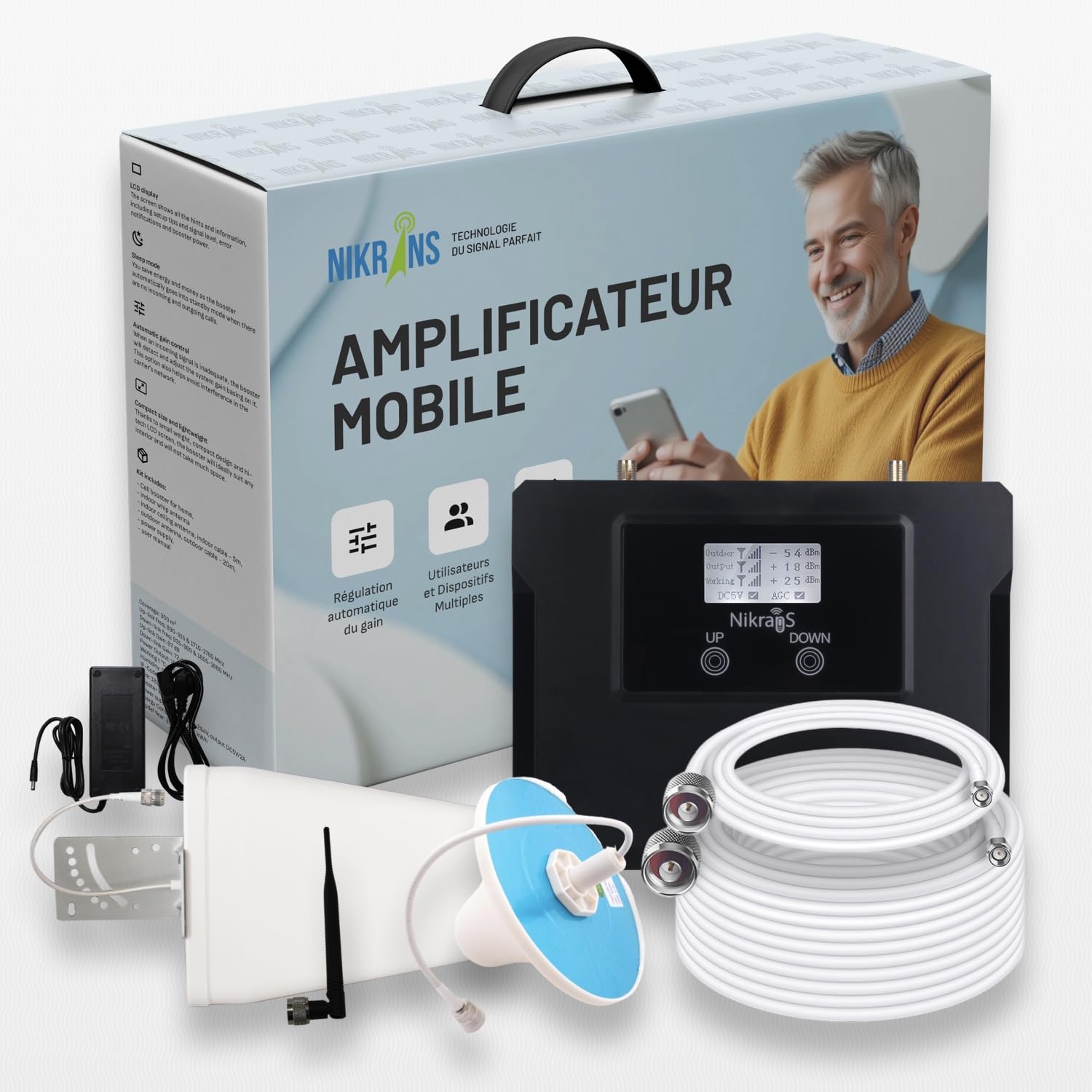 Amplificateur 4G LTE GSM – Bandes 3/8 – 900/1800 MHz – Compatible Tous Opérateurs – Répéteur Réseau Mobile – 70dB Gain – Appels et Internet Stables – Certifié CE RoHS