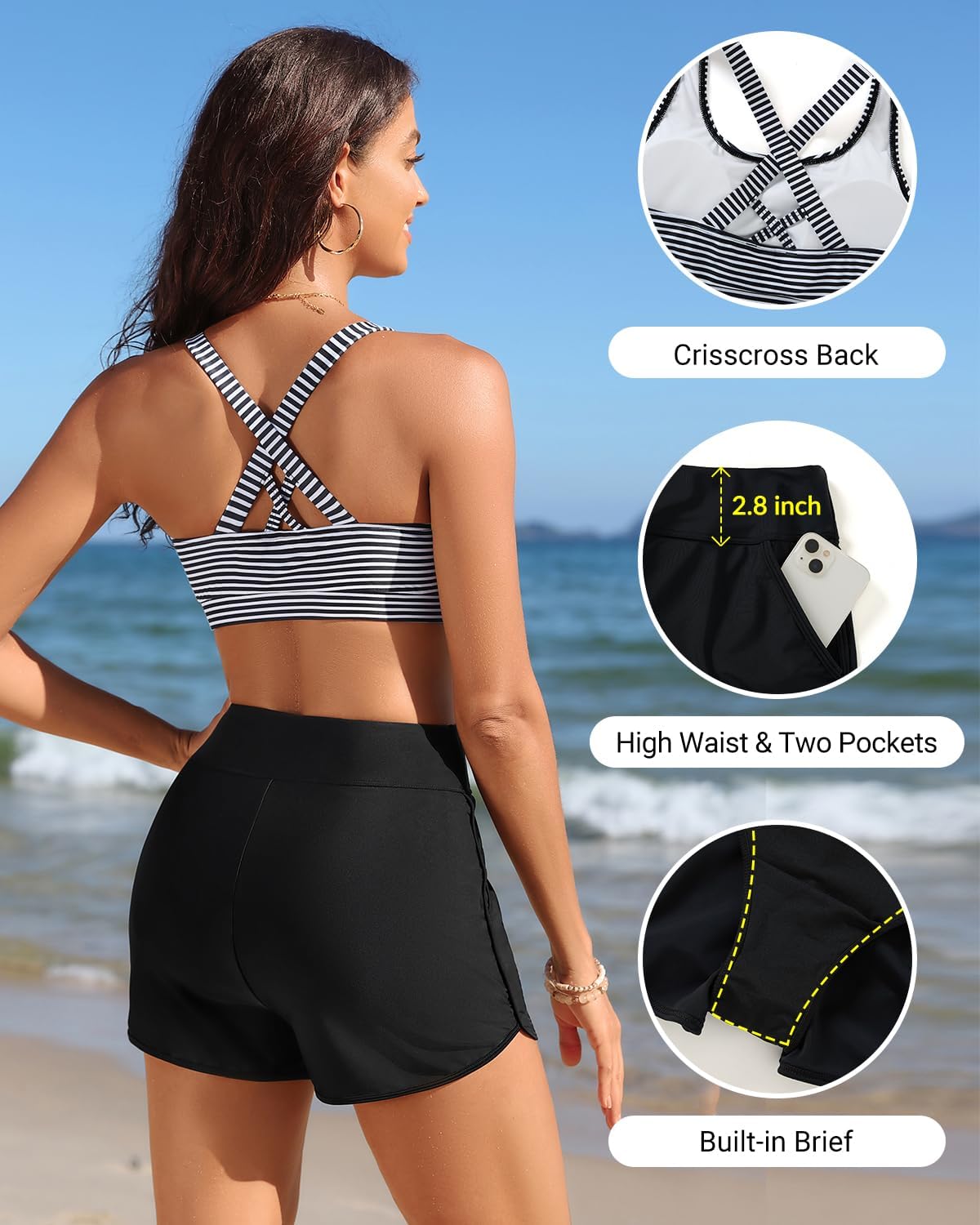 Women 3 Piece Tankini Swimsuit - Mesh Racerback Tank Top with Sports Bra and Pocketed Boyshorts Athletic Bathing Suits - Image 6