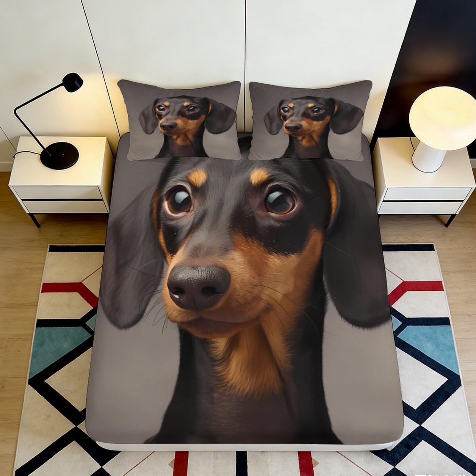 3D Printed Dachshund Pattern Fitted Sheet Microfiber Deep Pocket Bedroom Bedding Dachshund Mattress Fitted Cover Elastic Hem Washable 90x200x25cm