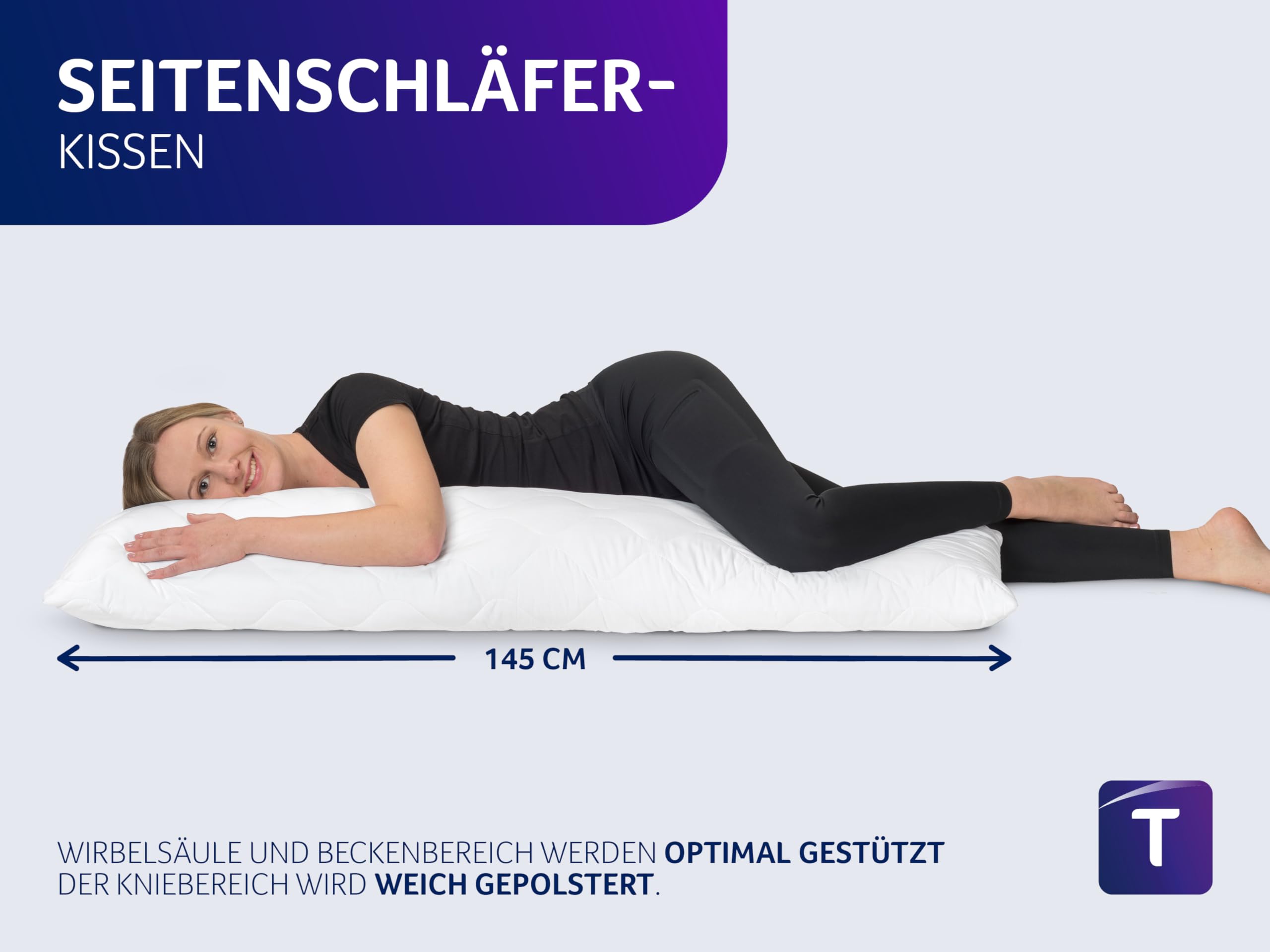 Traumnacht Almohada Lateral de Microfibra Suave, 1.200 g de Relleno con Cremallera, 40 x 145 cm, Lavable, Certificado Öko-Tex, Desarrollado en Alemania