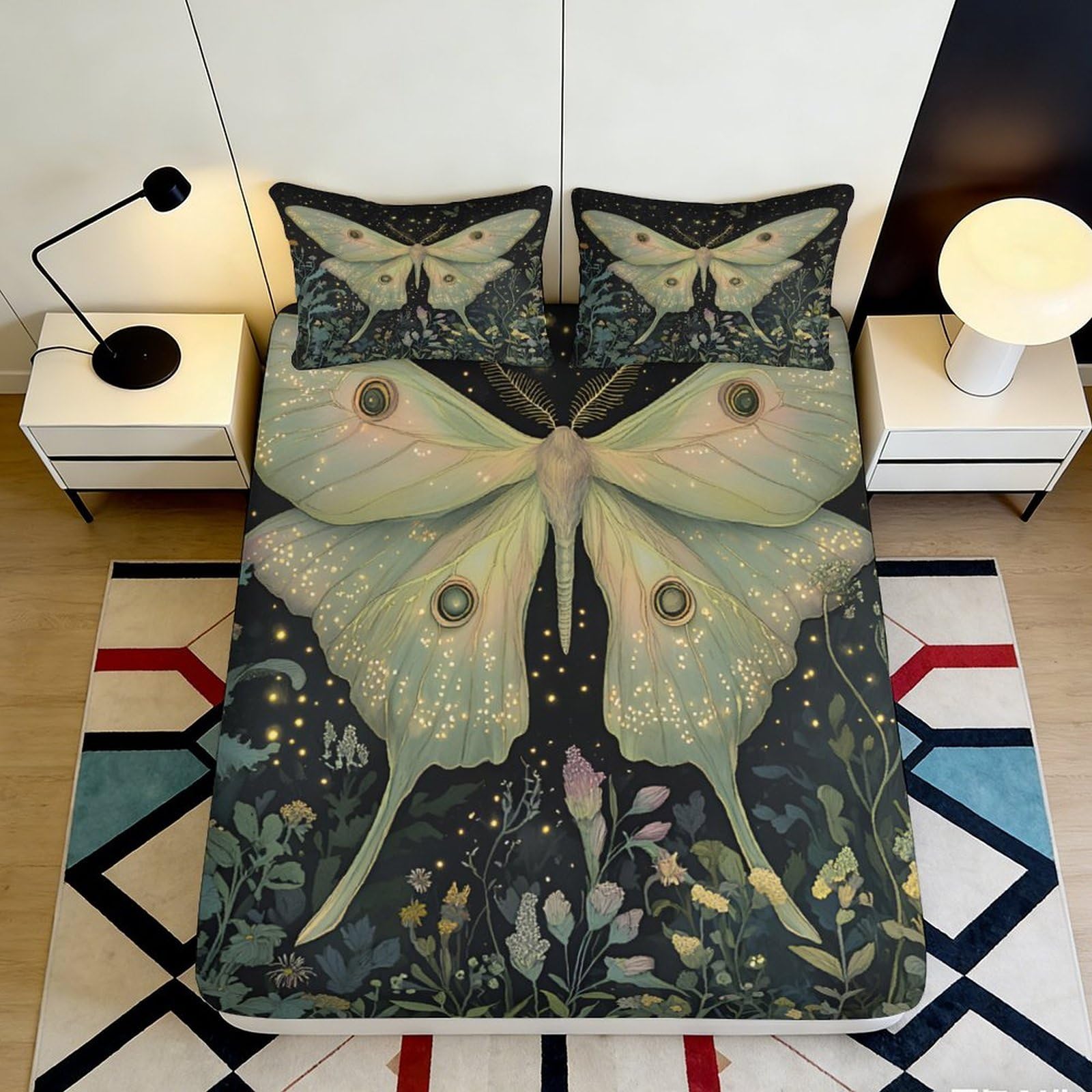 3D Printed Moth Pattern Fitted Sheet Microfiber Soft Breathable Night Garden Bed Cover for Bedroom Dormitory Guest Room Mattress Protection 140x200x25cm