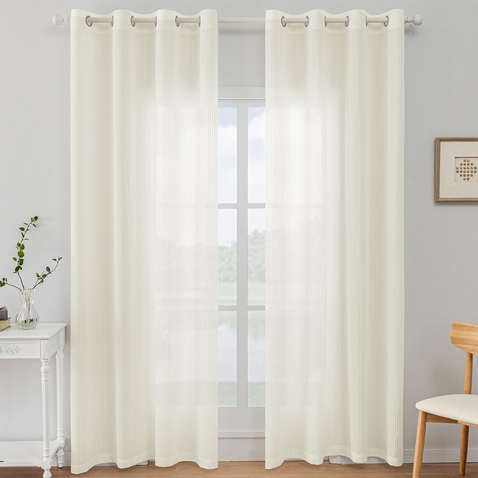 Rideaux voilage semi-transparent a oeillets beige 140x225cm pour salon et chambre