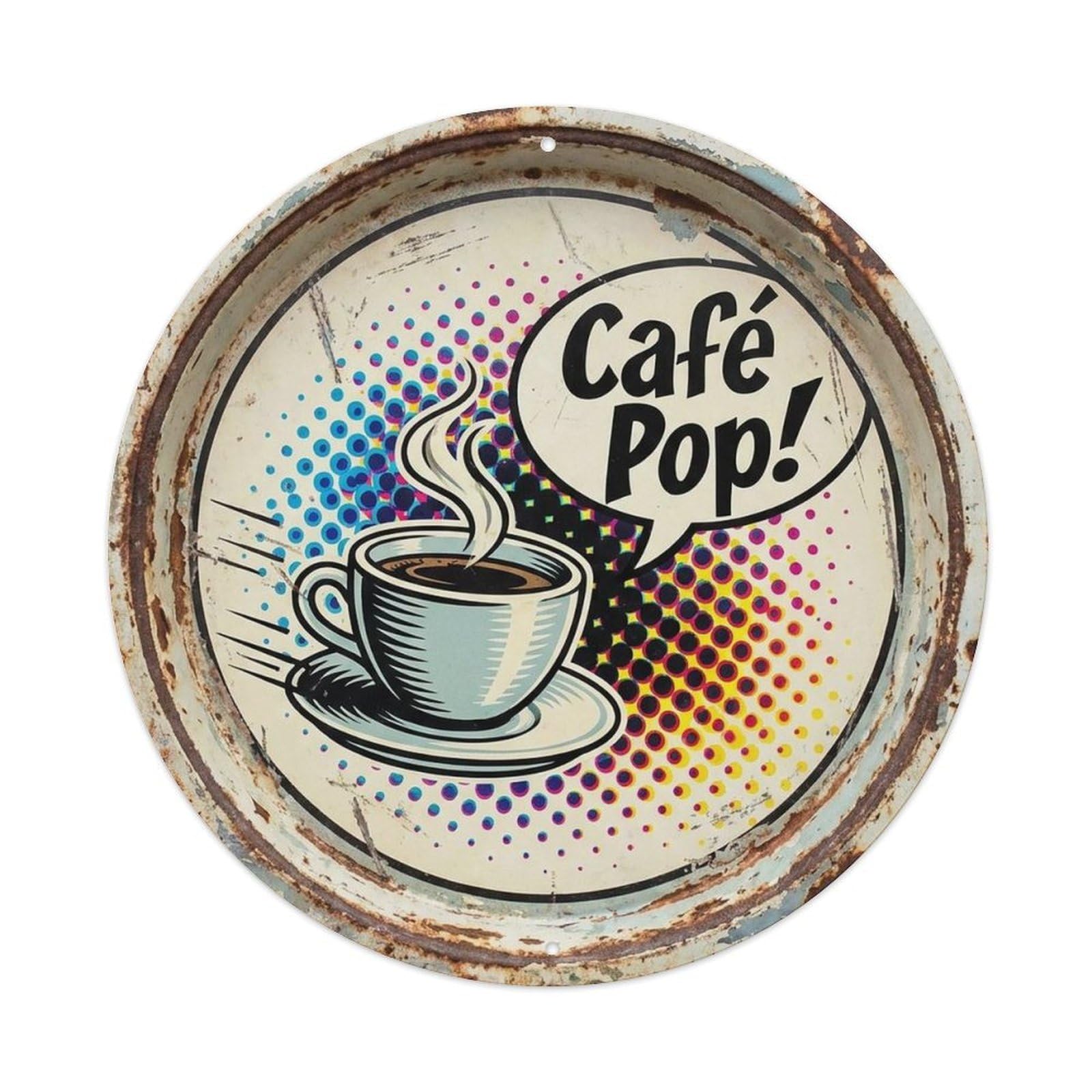Halftone Cappuccino Comic Coffeehouse Roastery Cafe Metal Tin Sign Plaque Wall Decor for Cafe, Man Cave, Club Bar, Office, Home Garden Round Metal Poster 8x8Inch