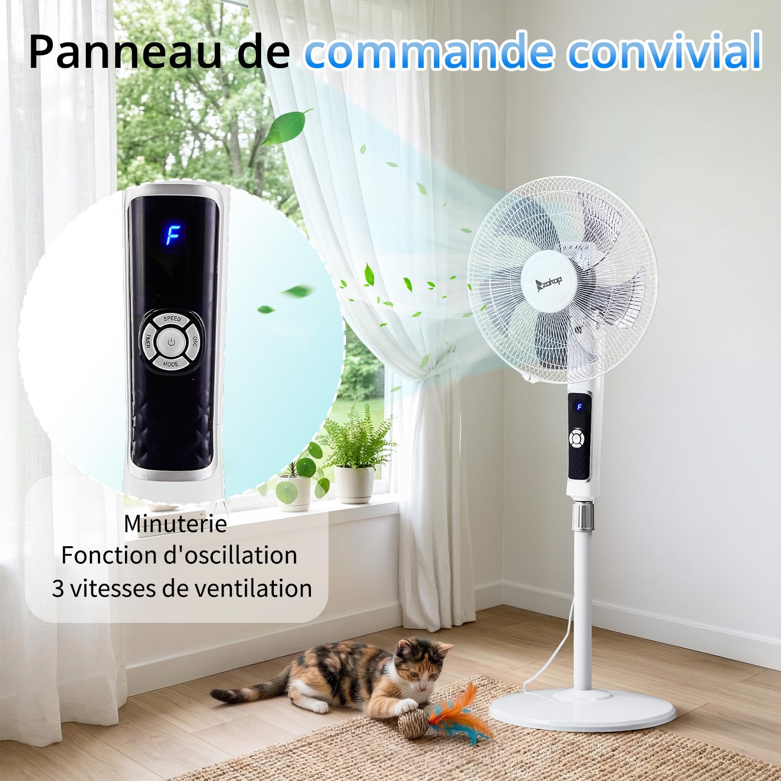 LEADZM Ventilateur pied 40cm 65W blanc hauteur 117-134cm | 5 pales double couche inclinable 3 modes minuterie intégrée