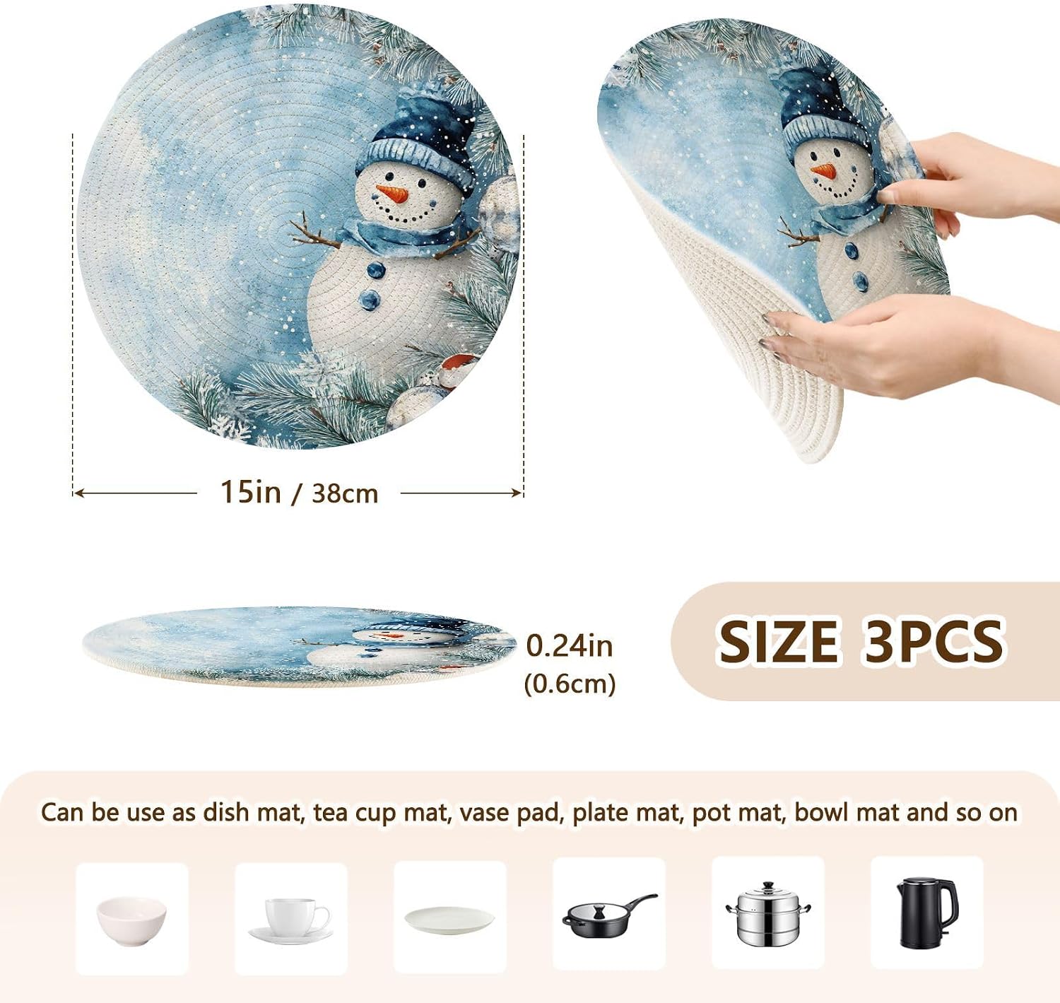 ALAZA Blue and Silver Snowflakes Snowman03 PotHolders Trivets Set Cotton Hot Pot Holders Set Farmhouse Coasters Set of 3,Hot Pads,Hot Mats for Kitchen Counter Decorative
